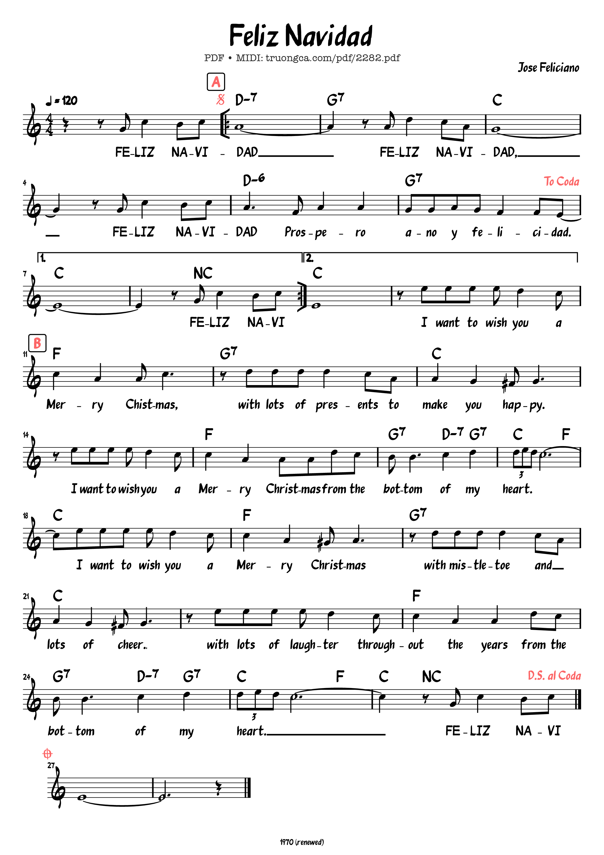 Page 1 of the piano sheet music PDF – Giáng sinh rộn ràng (Feliz Navidad) by José Feliciano