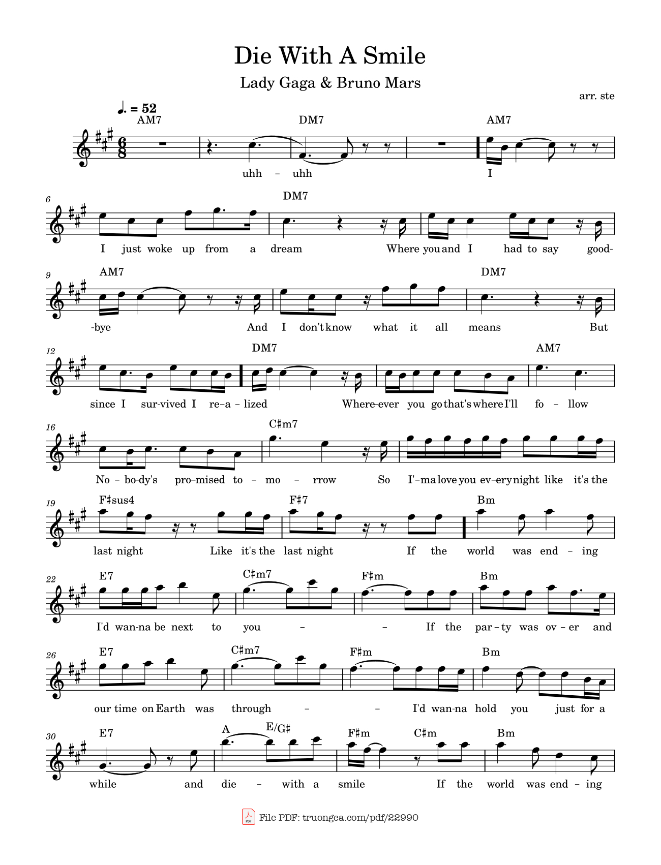 Page 1 of the piano sheet music PDF – Die With A Smile Sheet Piano by Stect