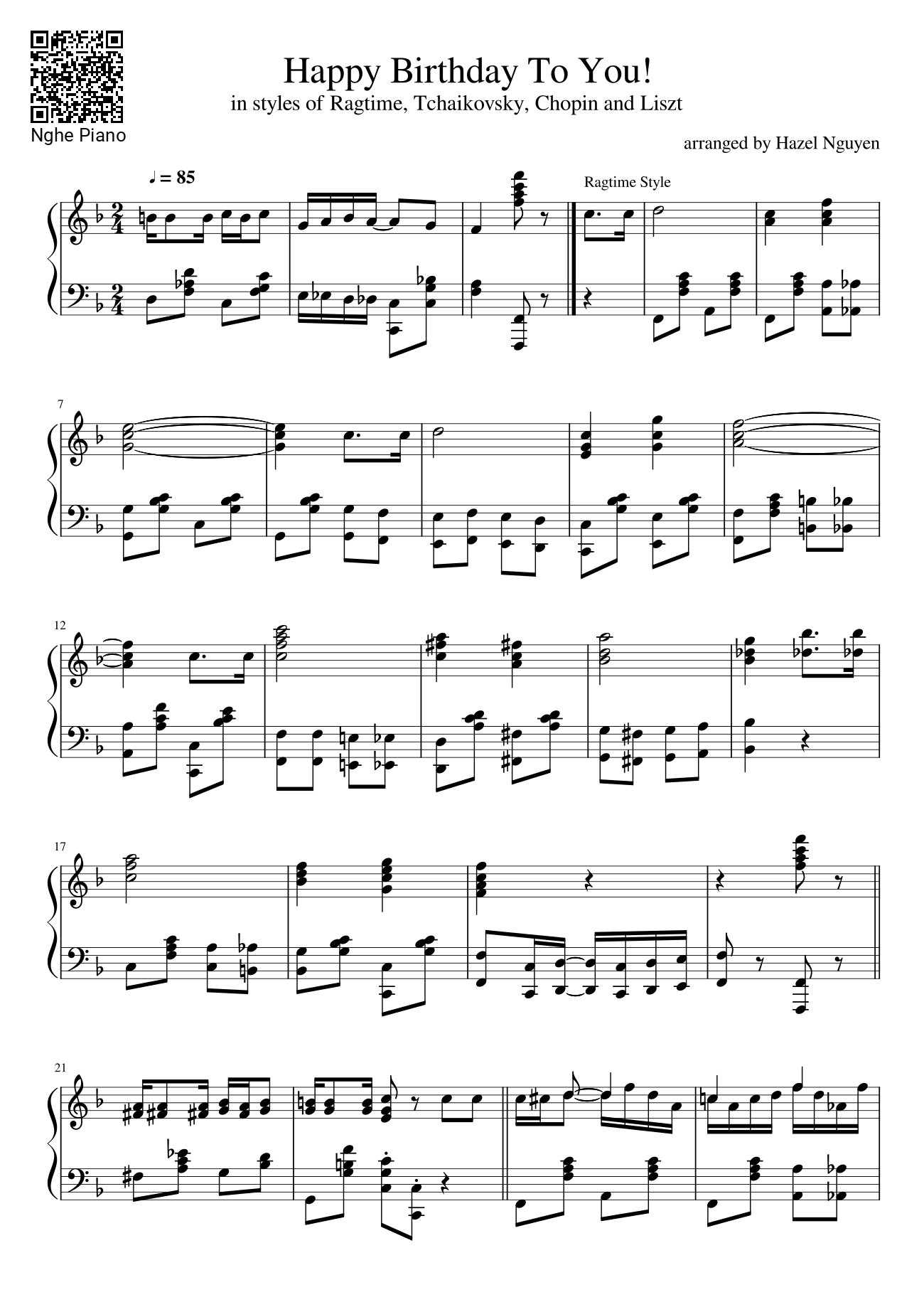 Page 1 of the piano sheet music PDF – Happy Birthday To You Sheet Piano Variations by Hazel Nguyen