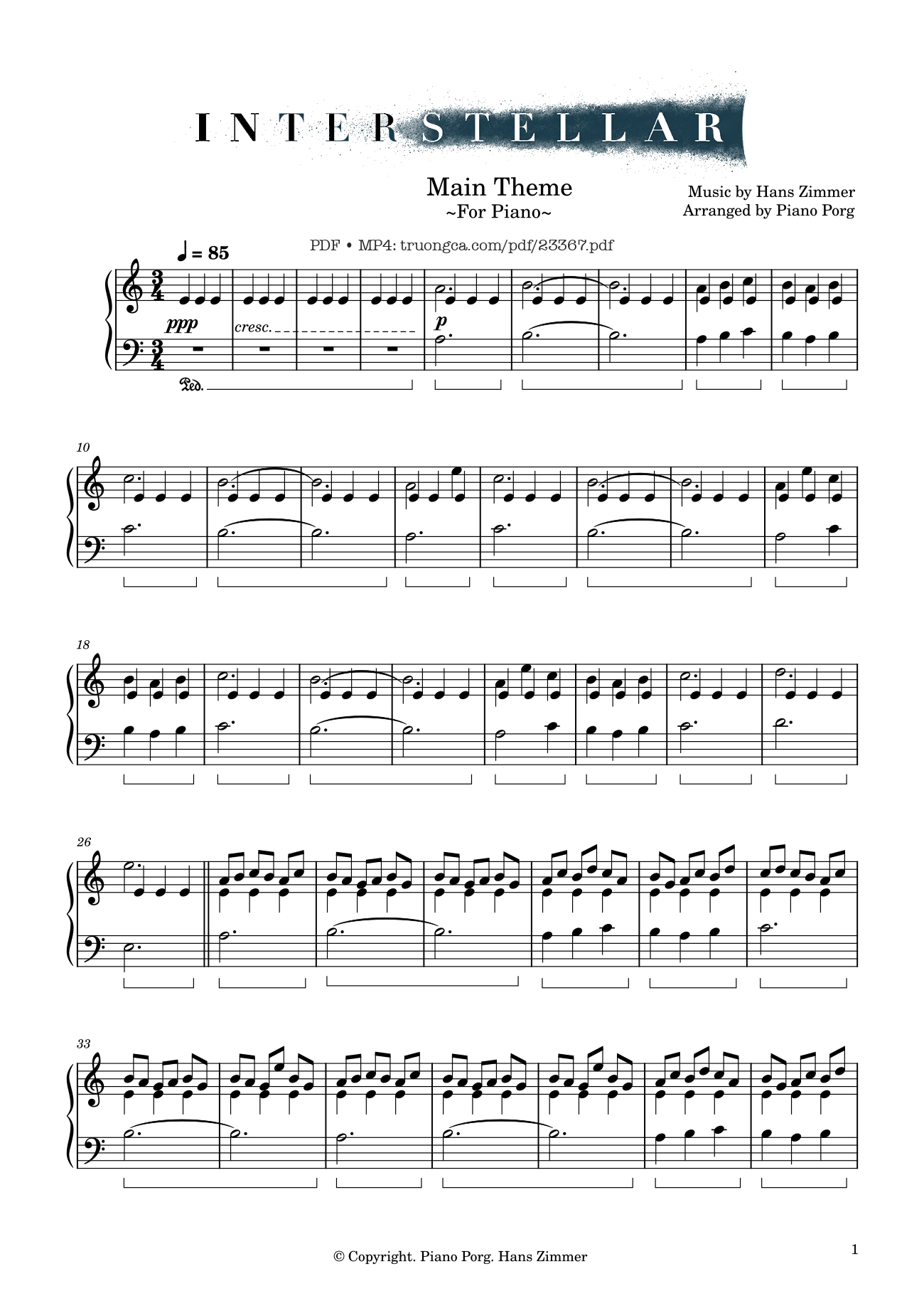 Page 1 of the piano sheet music PDF Piano – Interstellar Piano Sheet by Hans Zimmer