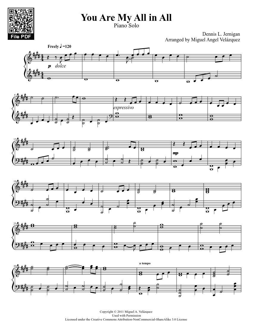 Page 1 of the piano sheet music PDF – You Are My All in All Sheet Piano by Dennis L. Jernigan