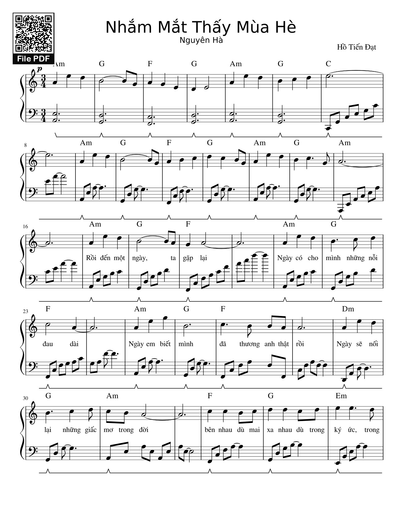 Page 1 of the piano sheet music PDF – Nhắm Mắt Thấy Mùa Hè Sheet Piano by Nguyên Hà