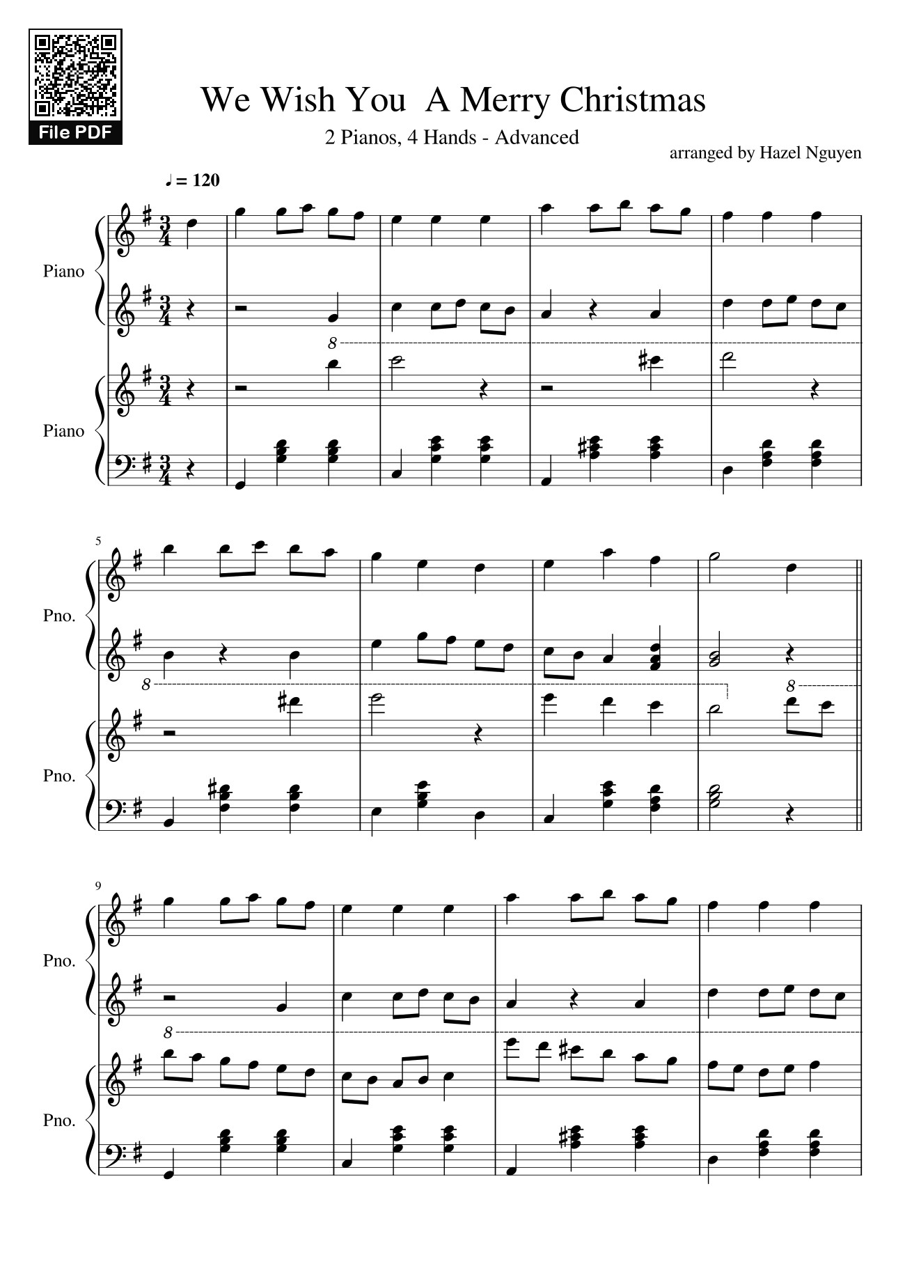 Page 1 of the piano sheet music PDF – We Wish You A Merry Christmas Sheet Piano by Hazel Nguyen