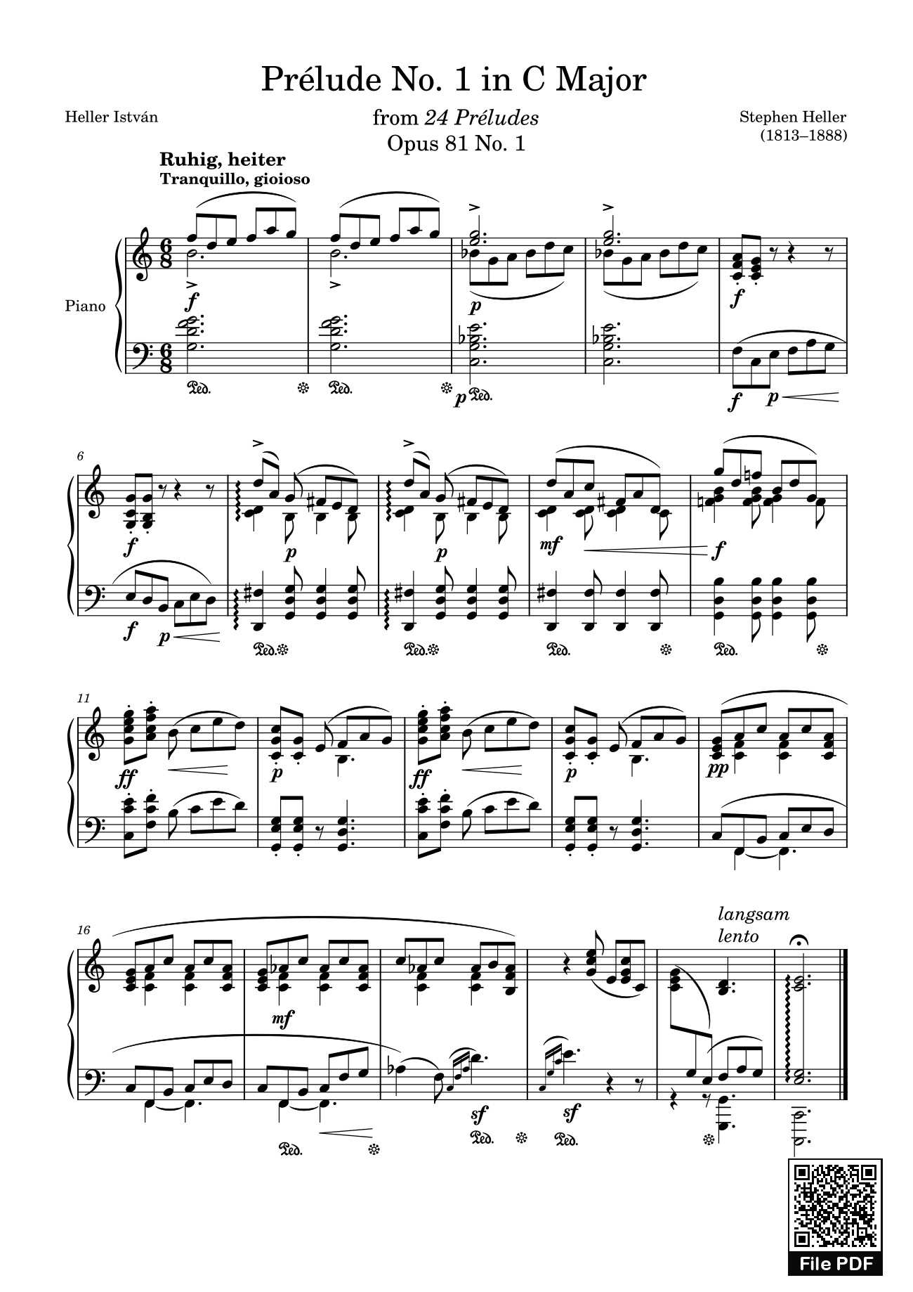 Page 1 of the piano sheet music PDF – Prélude No. 1 in C Major Sheet Piano by Stephen Heller