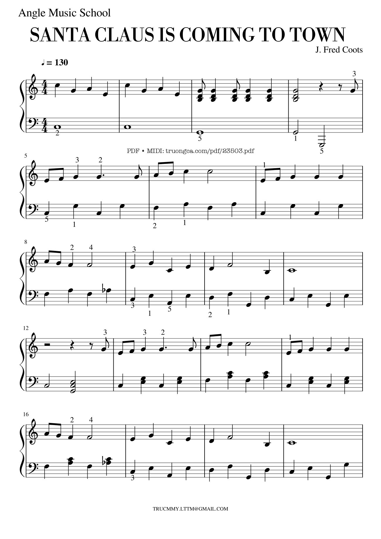 Page 1 of the piano sheet music PDF – SANTA CLAUS IS COMING TO TOWN Sheet Piano by Trúc My