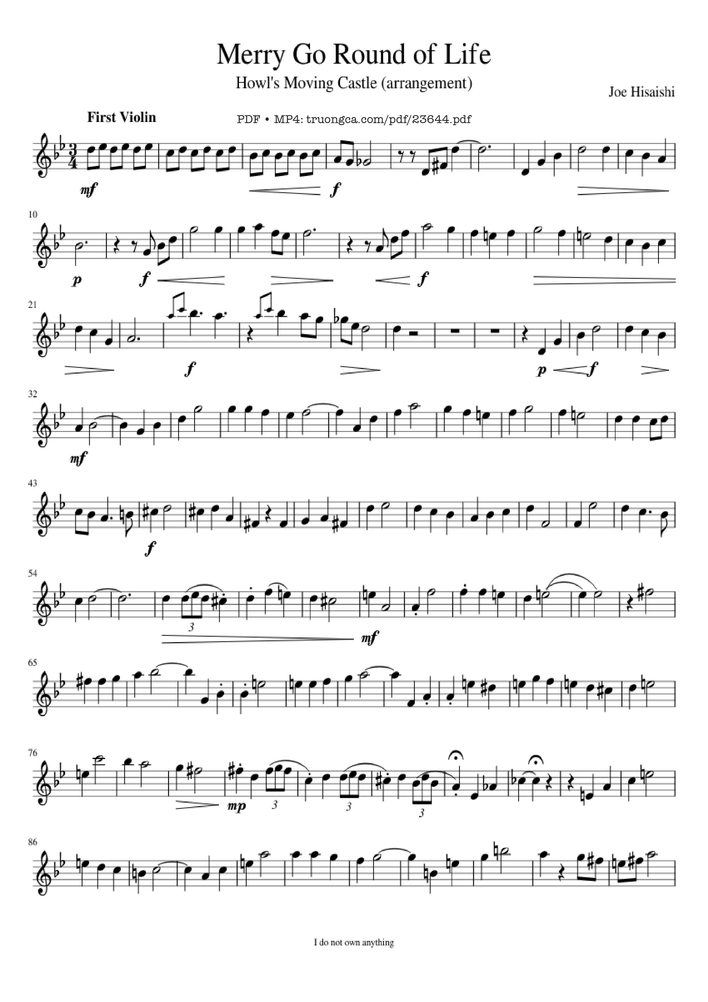 Page 1 of the piano sheet music PDF – Merry Go Round of Life Sheet Violin by Joe Hisaishi