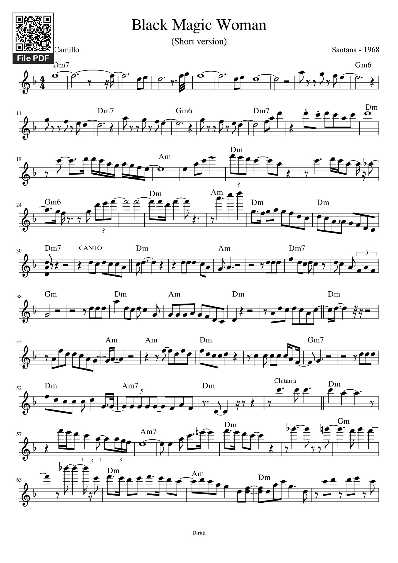 Page 1 of the piano sheet music PDF – Black Magic Woman by Santana