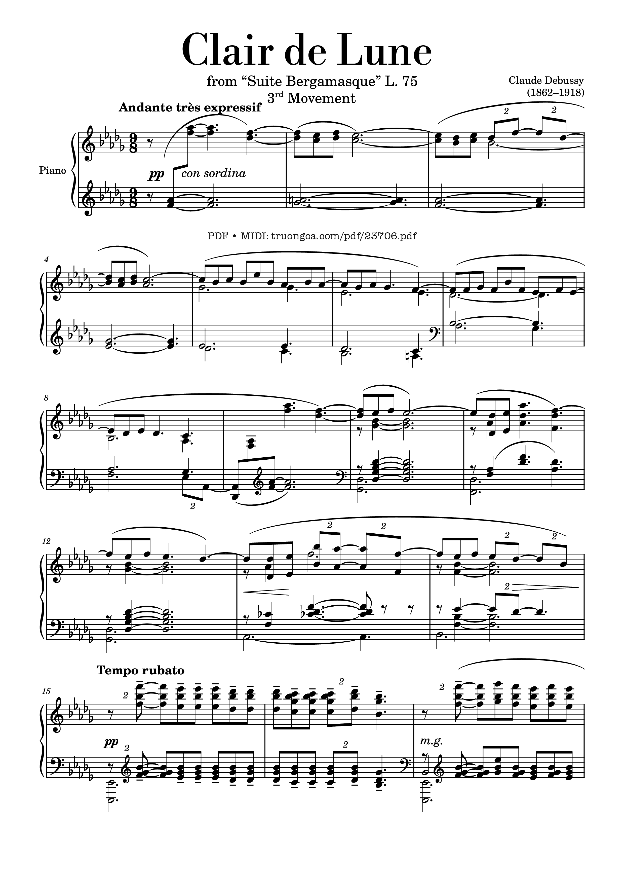 Page 1 of the piano sheet music PDF – Clair de Lune Sheet Piano by Claude Debussy