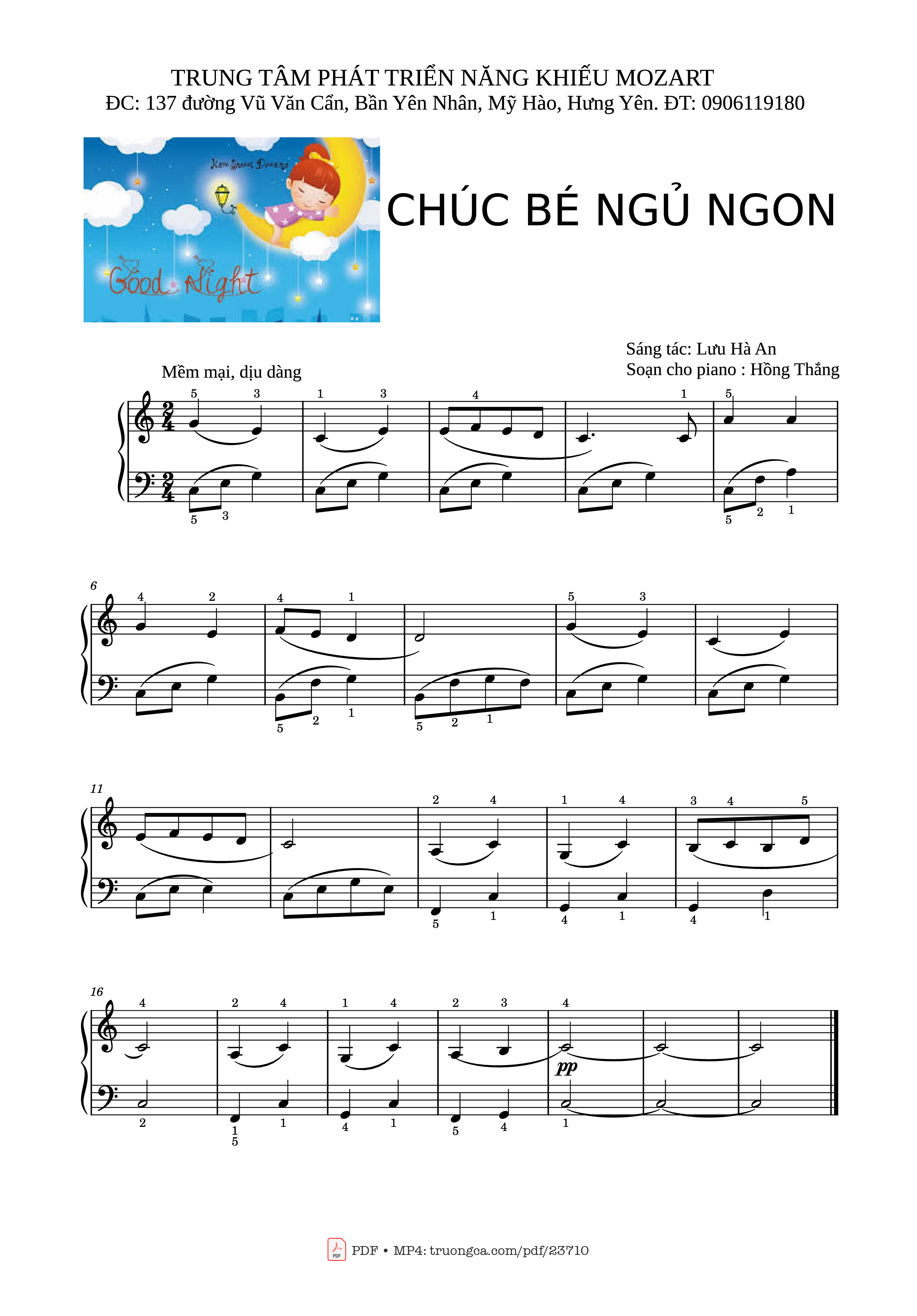 Page 1 of the piano sheet music PDF Piano – Chúc bé ngủ ngon Sheet Piano Dễ by  Lưu Hà An               