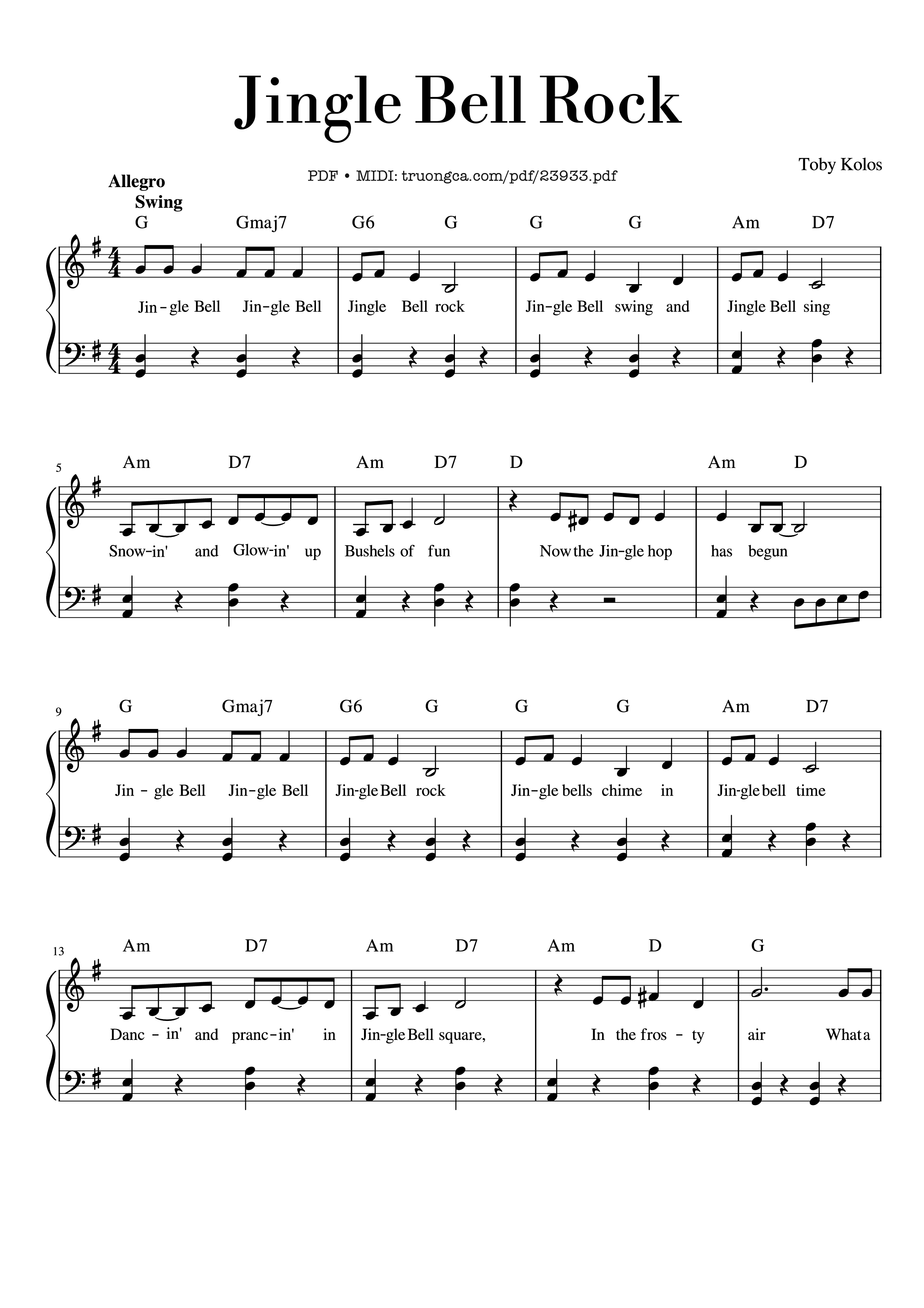 Page 1 of the piano sheet music PDF – Jingle Bell Rock Sheet Piano by Toby Kolos