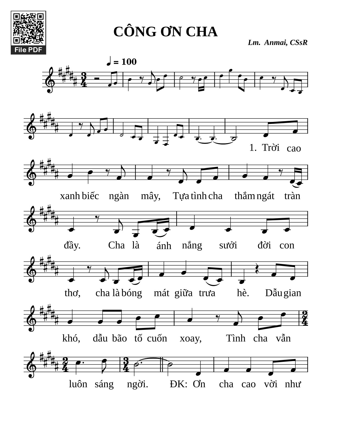 Page 1 of the piano sheet music PDF – Công ơn cha by Anmai