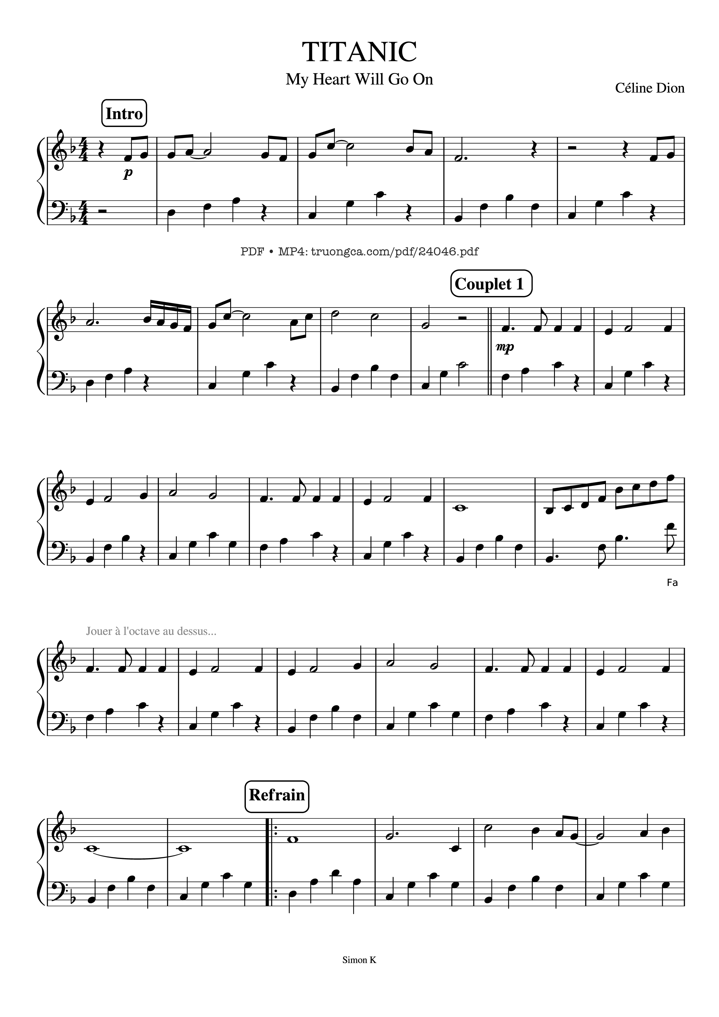 Page 1 of the piano sheet music PDF Piano – My Heart Will Go on Piano Easy by Céline Dion