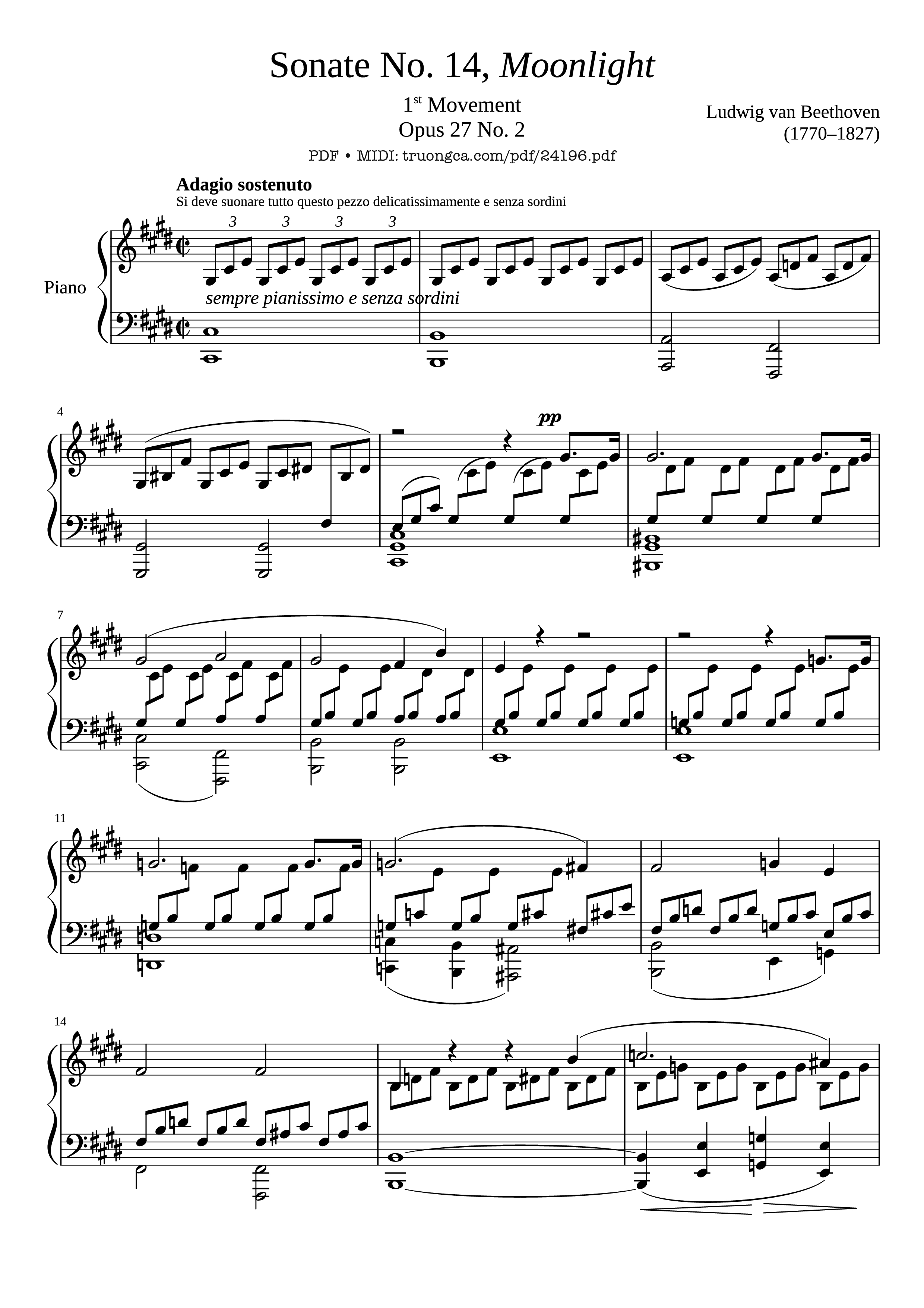 Page 1 of the piano sheet music PDF Piano – Sonate No. 14, Moonlight 1st Movement by Ludwig van Beethoven