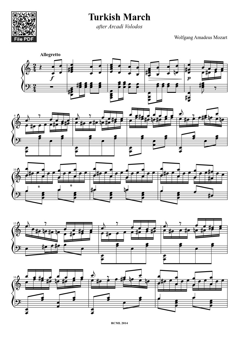 Page 1 of the piano sheet music PDF – Turkish March Sheet Piano by Ravllave