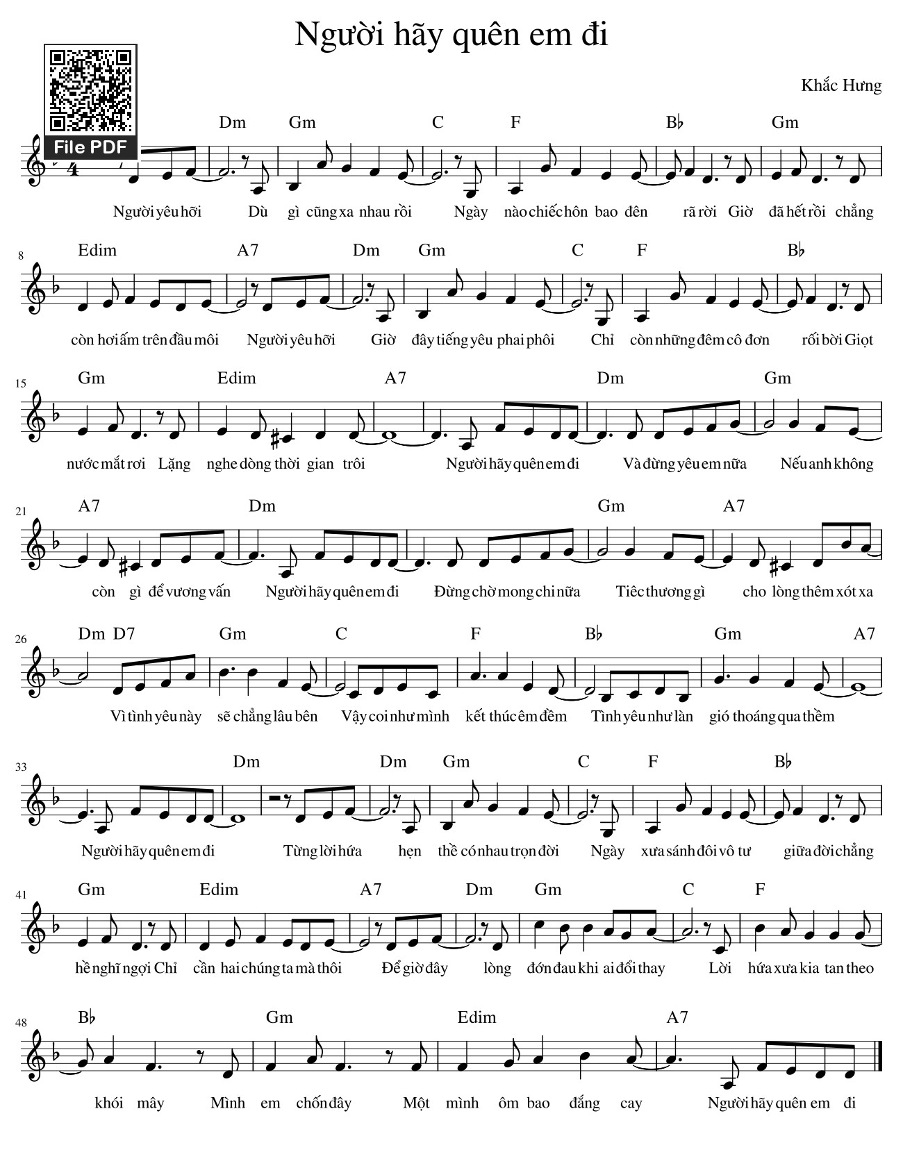 Page 1 of the piano sheet music PDF – Người hãy quên em đi Sheet Piano by Mỹ Tâm