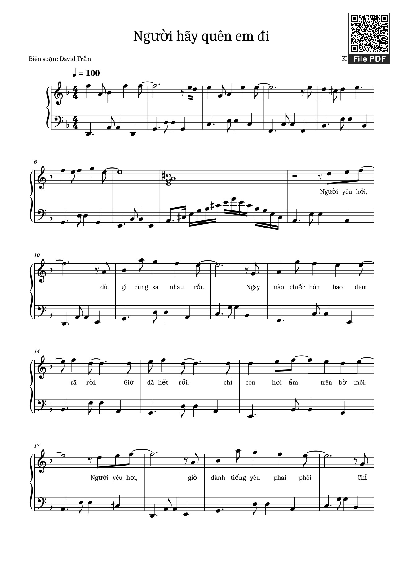 Page 1 of the piano sheet music PDF – Người hãy quên em đi Sheet Piano by Khắc Hưng