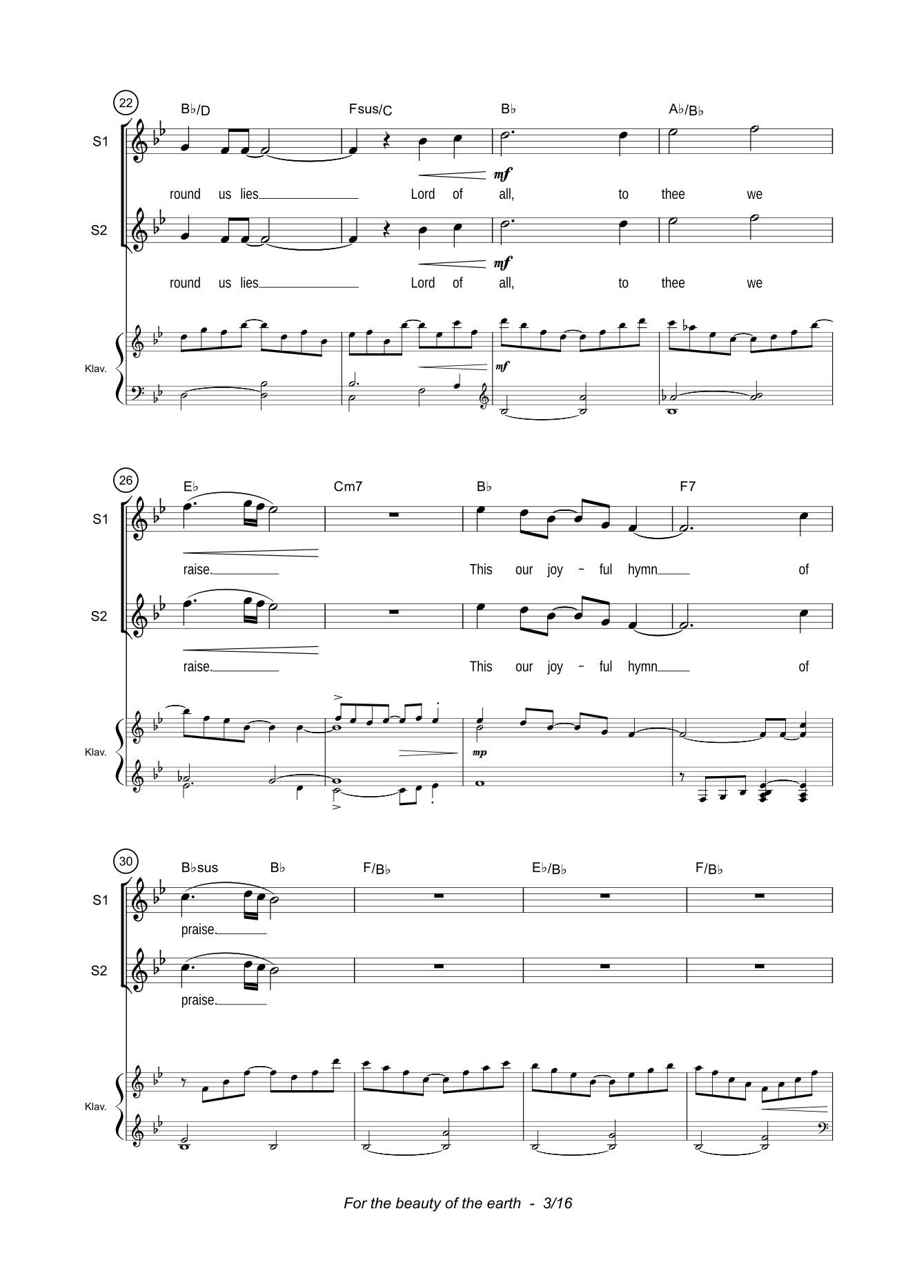 Page 3 of the piano sheet music PDF – For the beauty of the earth Sheet Piano by John Rutter