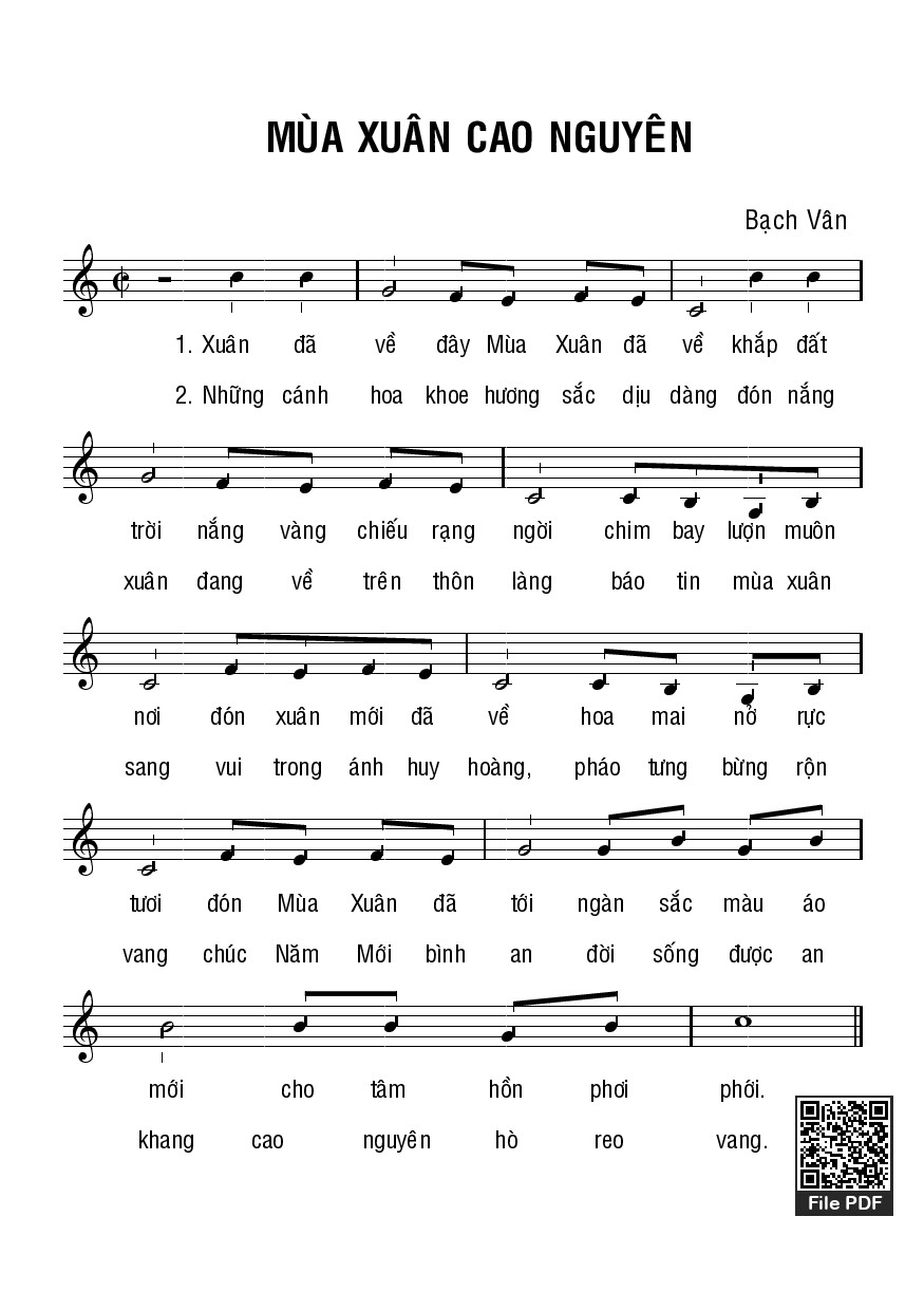 Page 1 of the piano sheet music PDF – Mùa xuân cao nguyên by Bạch VânMùa xuân chínNguyễn Duy
