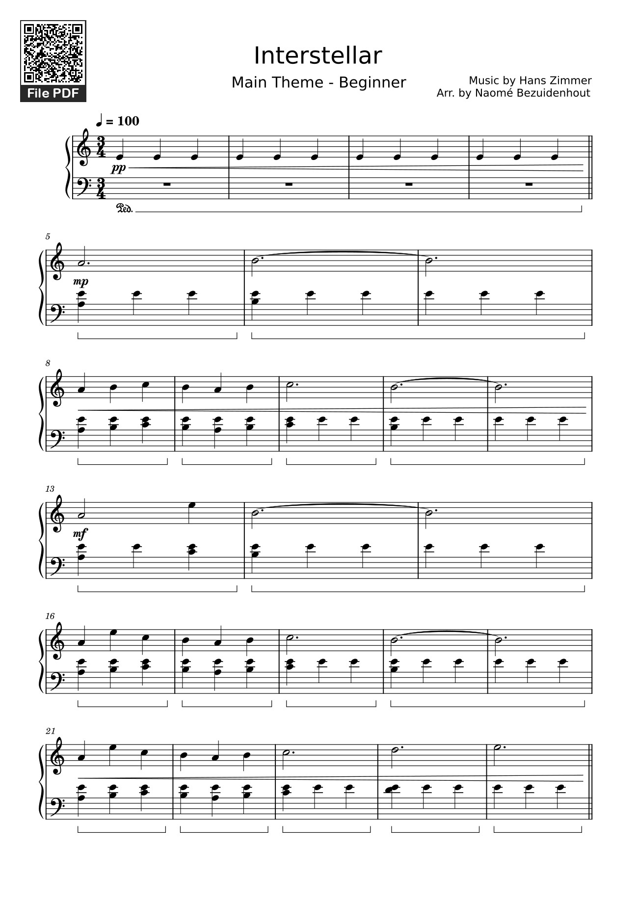 Page 1 of the piano sheet music PDF – Interstellar by Hans Zimmer
