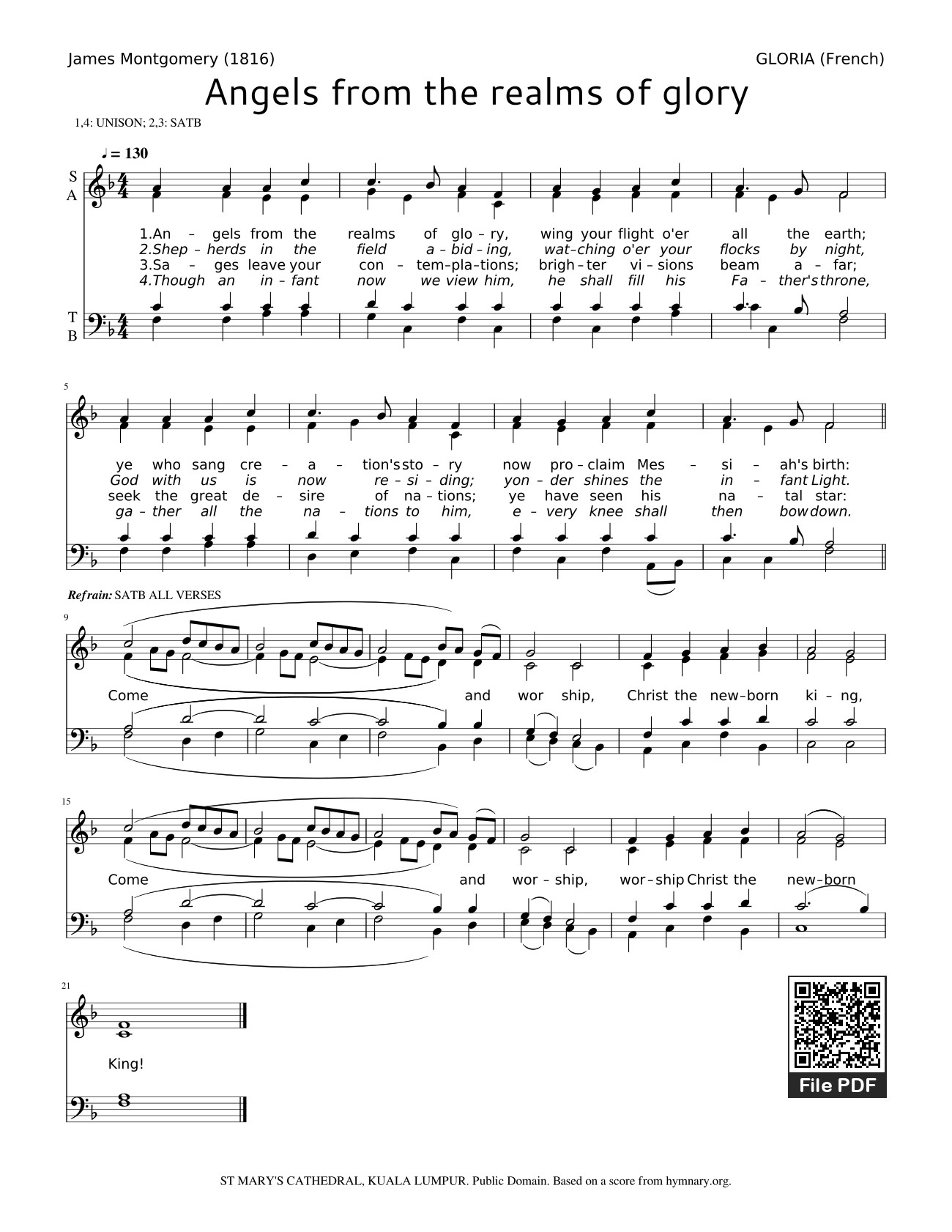 Page 1 of the piano sheet music PDF – Angels from the realms of glory Sheet Piano by James Montgomery