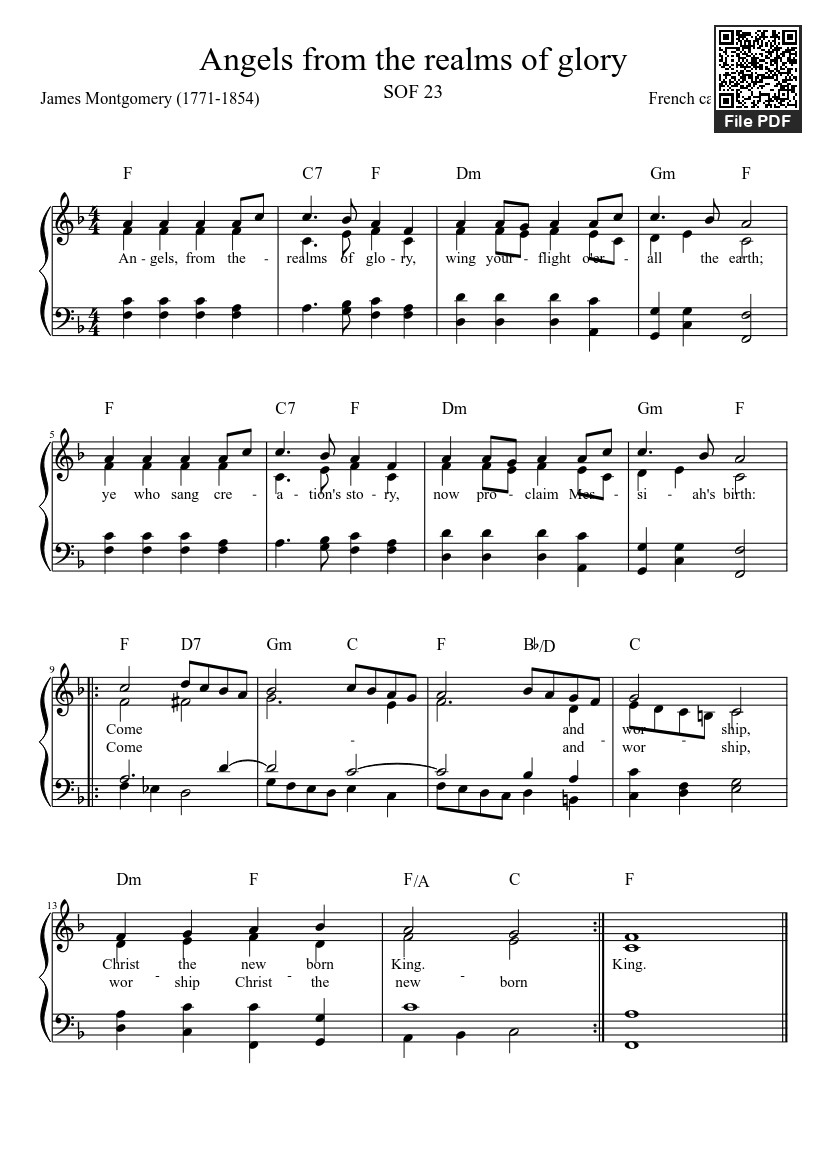 Page 1 of the piano sheet music PDF – Angels from the realms of glory Sheet Piano by James Montgomery