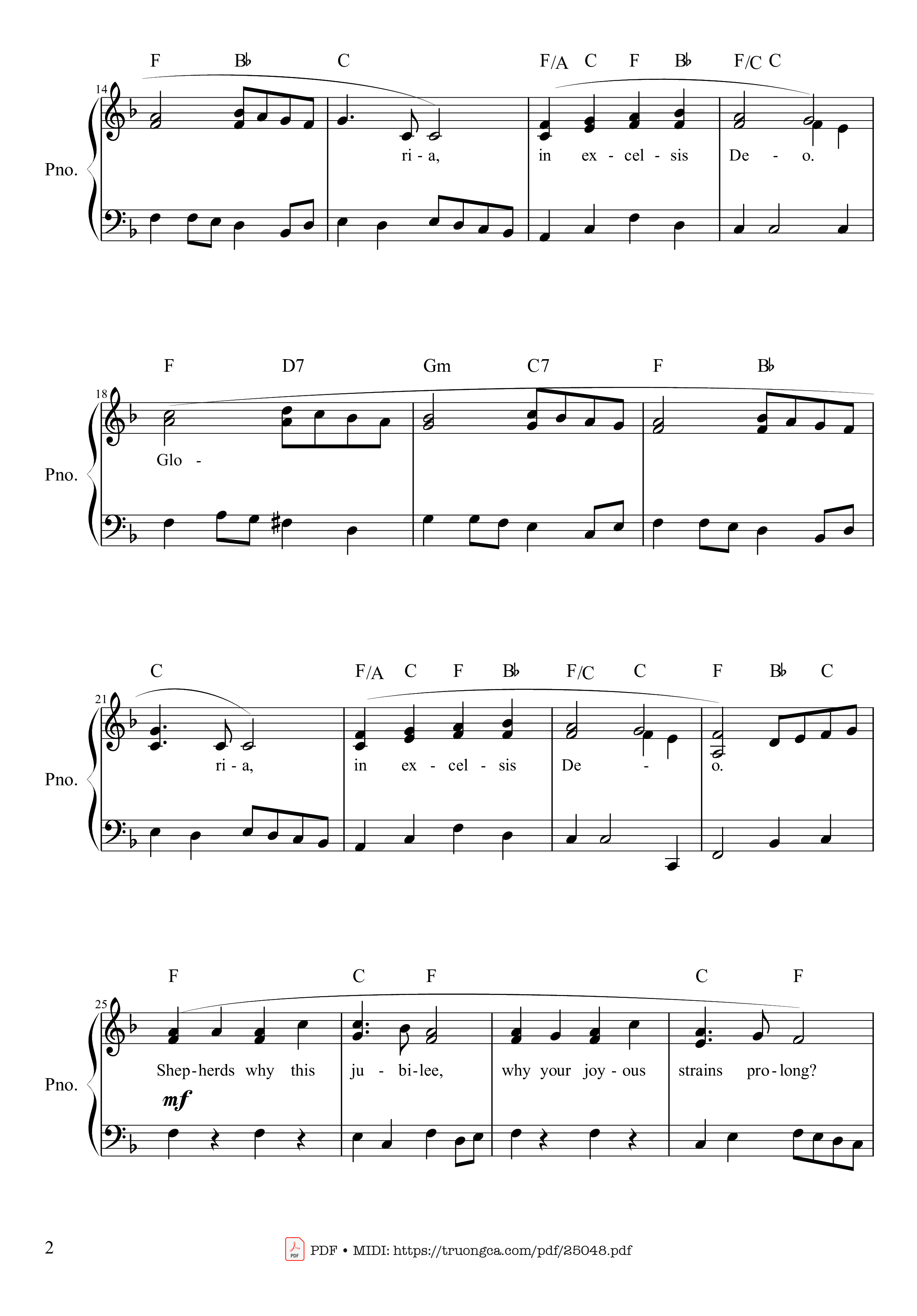 Page 2 of the piano sheet music PDF – Angels We Have Heard On High Sheet Piano by Traditional