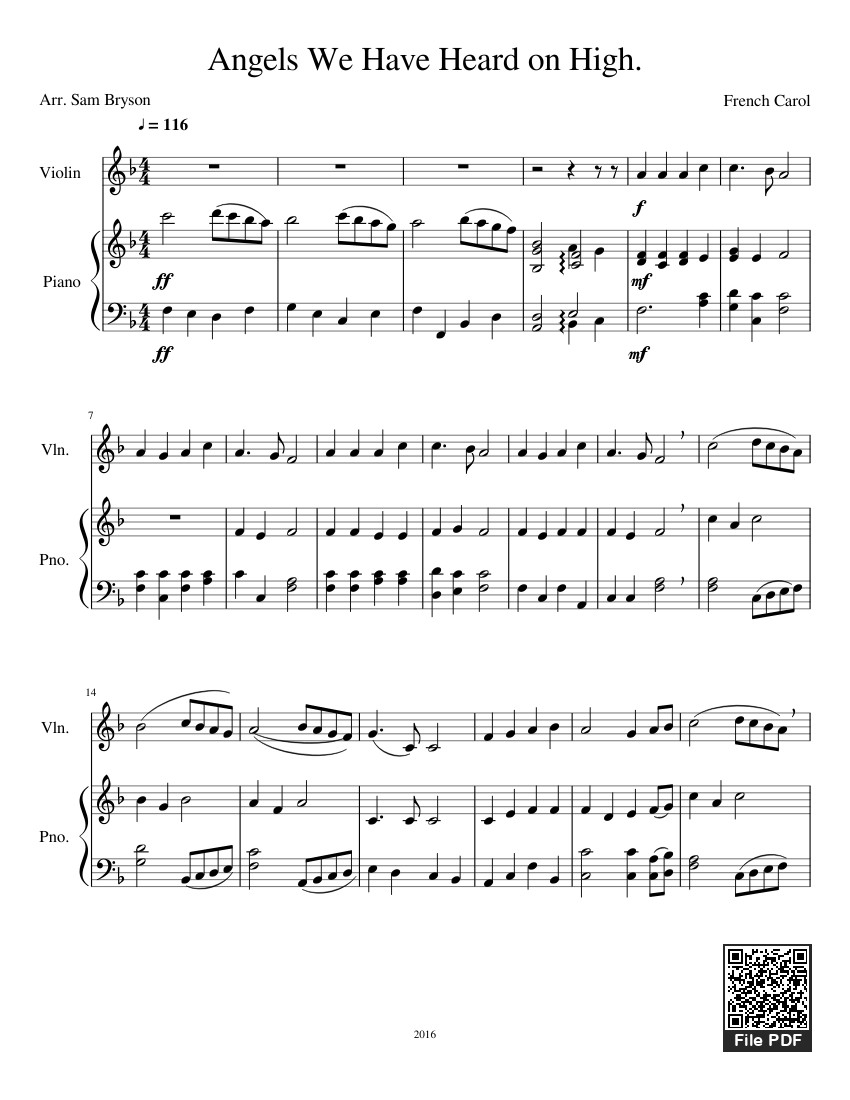 Page 1 of the piano sheet music PDF – Angels We Have Heard on High (Piano/Violin) by Sam Bryson