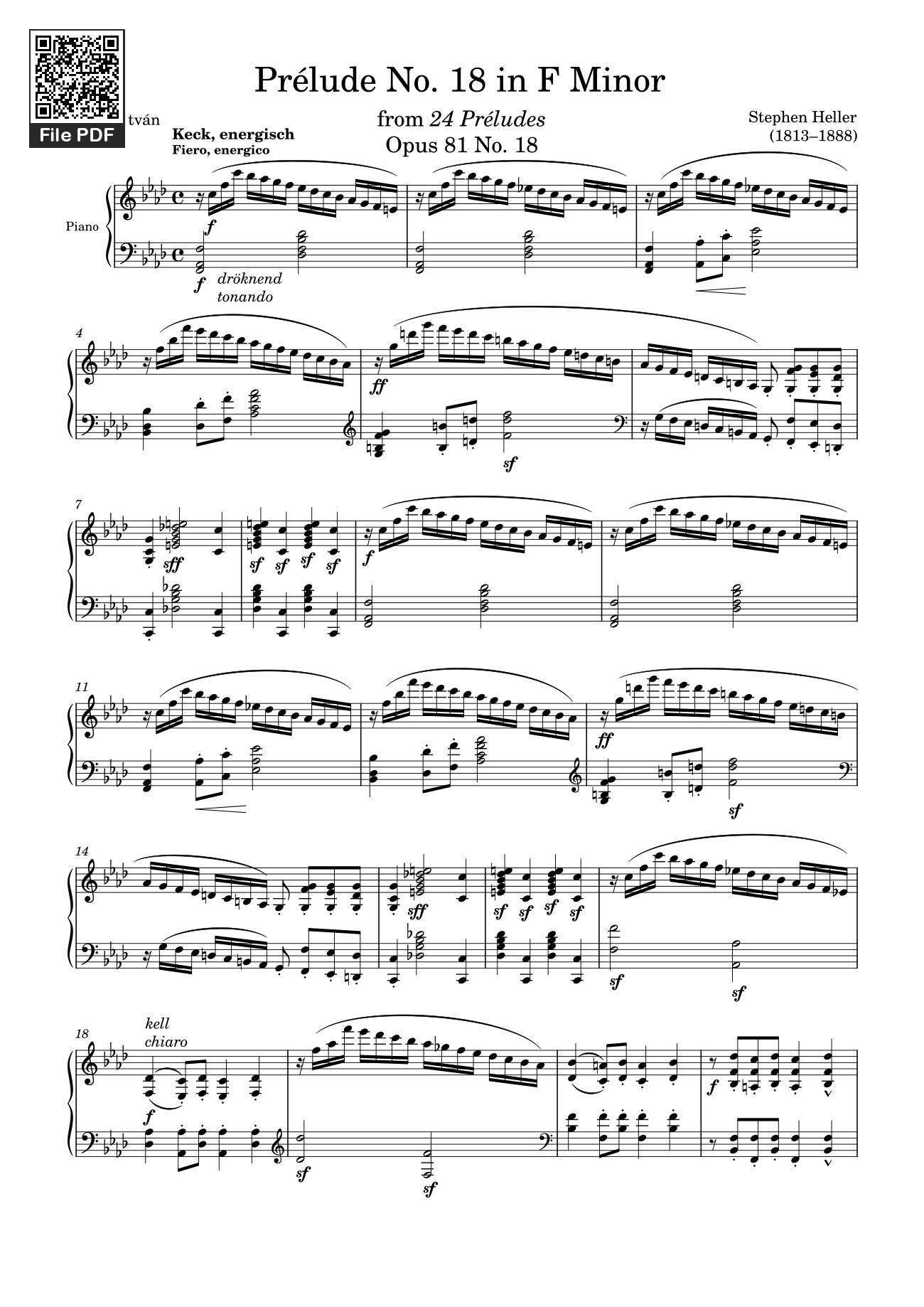 Page 1 of the piano sheet music PDF – Prélude No. 18 in F Minor Sheet Piano by Stephen Heller