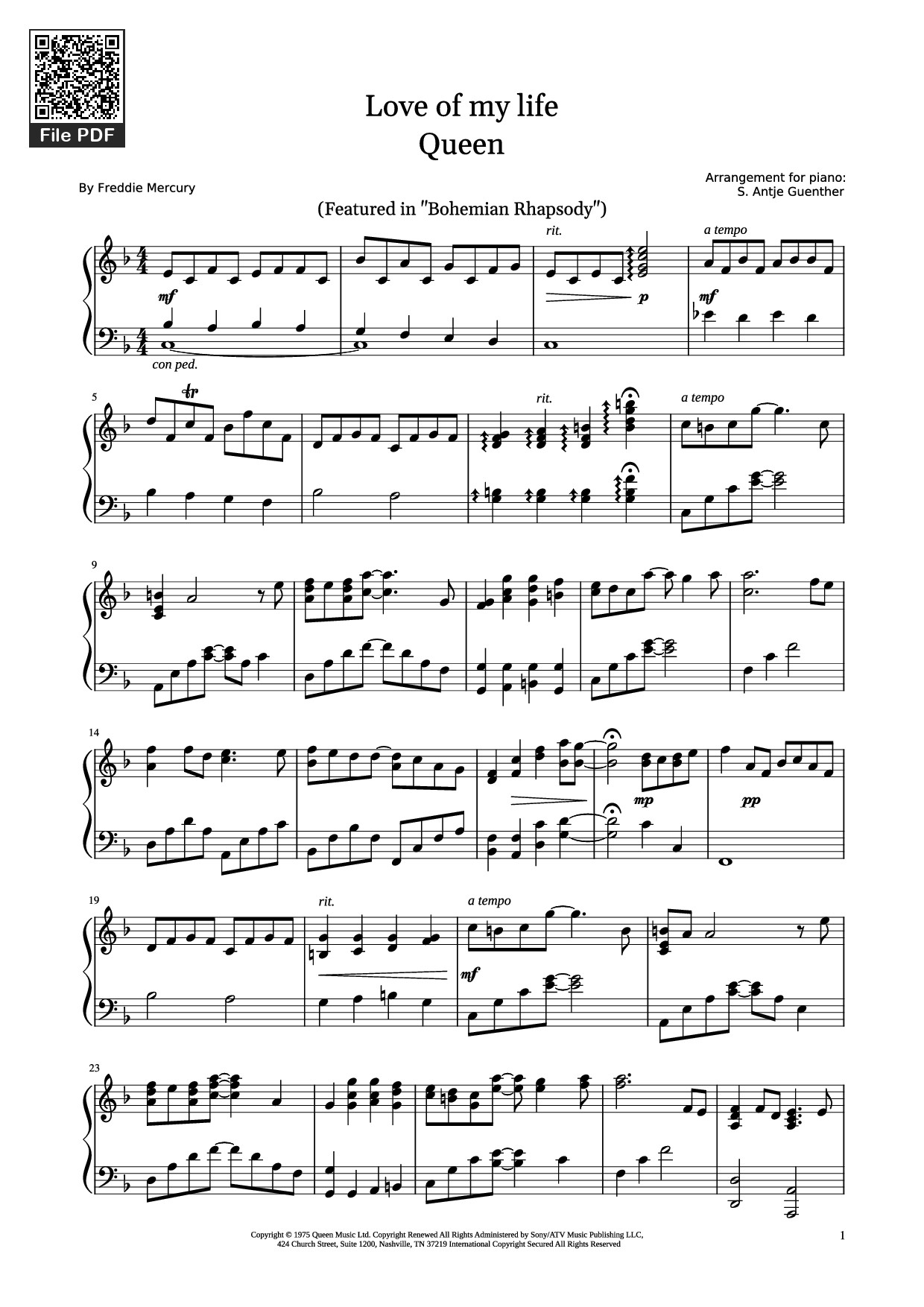 Page 1 of the piano sheet music PDF Piano – Love of my life Queen Sheet Piano by Antje Guenther