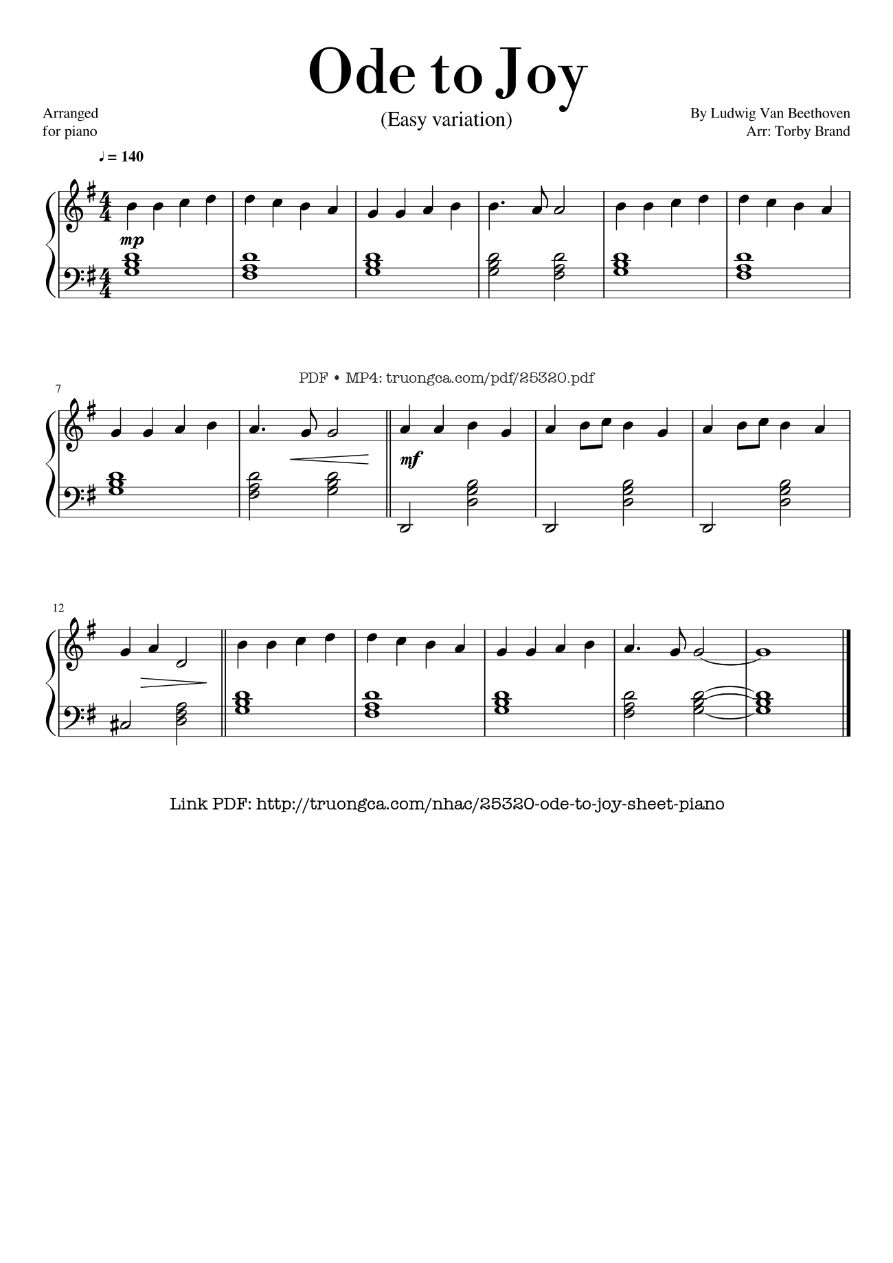 Page 1 of the piano sheet music PDF – Ode to Joy (Easy Piano) by Ludwig Van Beethoven