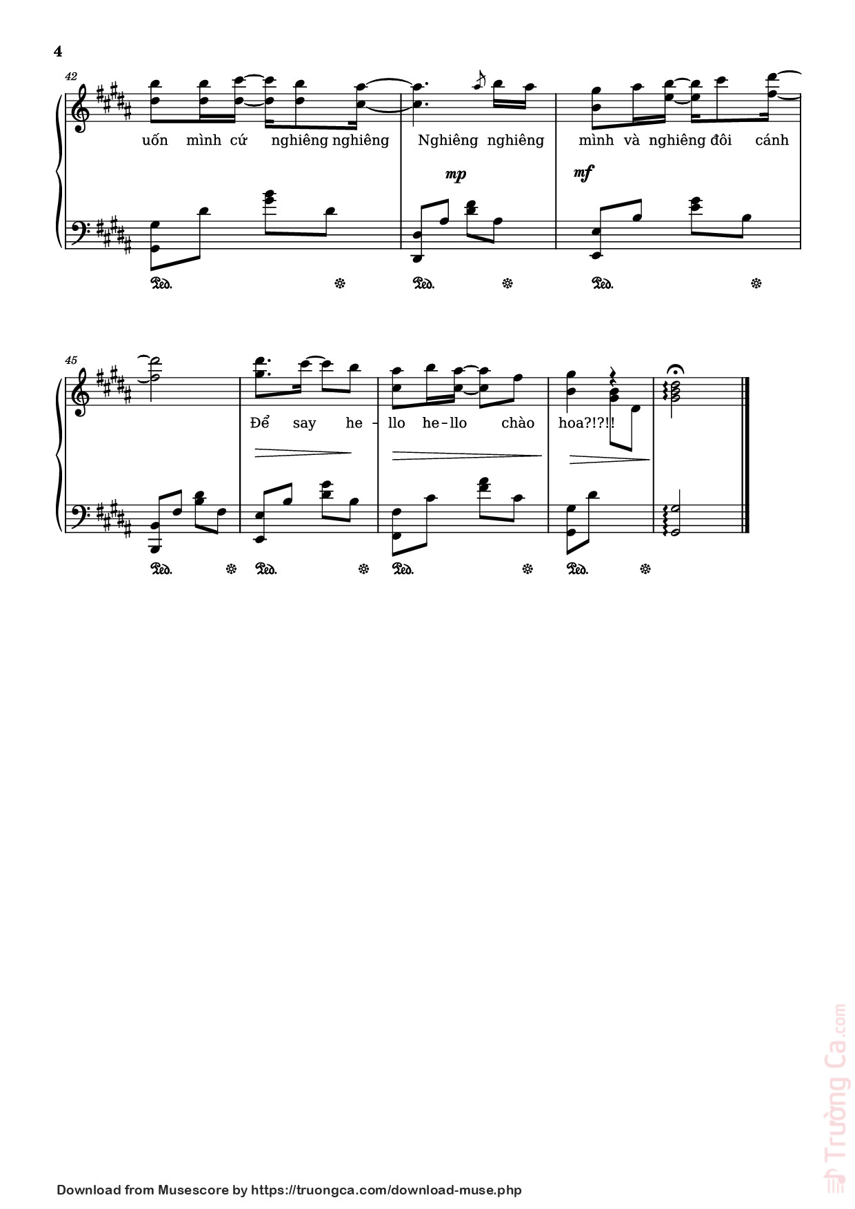 Page 4 of the piano sheet music PDF Piano – Chị ong nâu nấu nâu nấu nầu - bản lạ Sheet Piano by Ngo Duong Hoang An