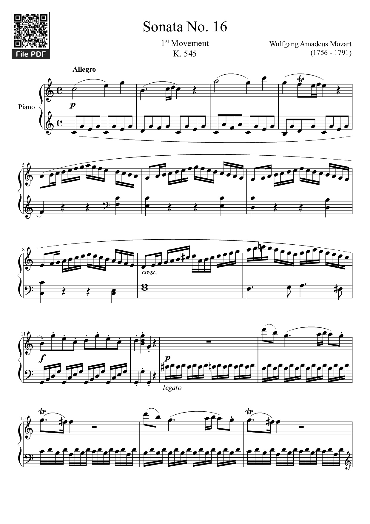 Page 1 of the piano sheet music PDF – Sonata No. 16 Sheet Piano by Wolfgang Amadeus Mozart