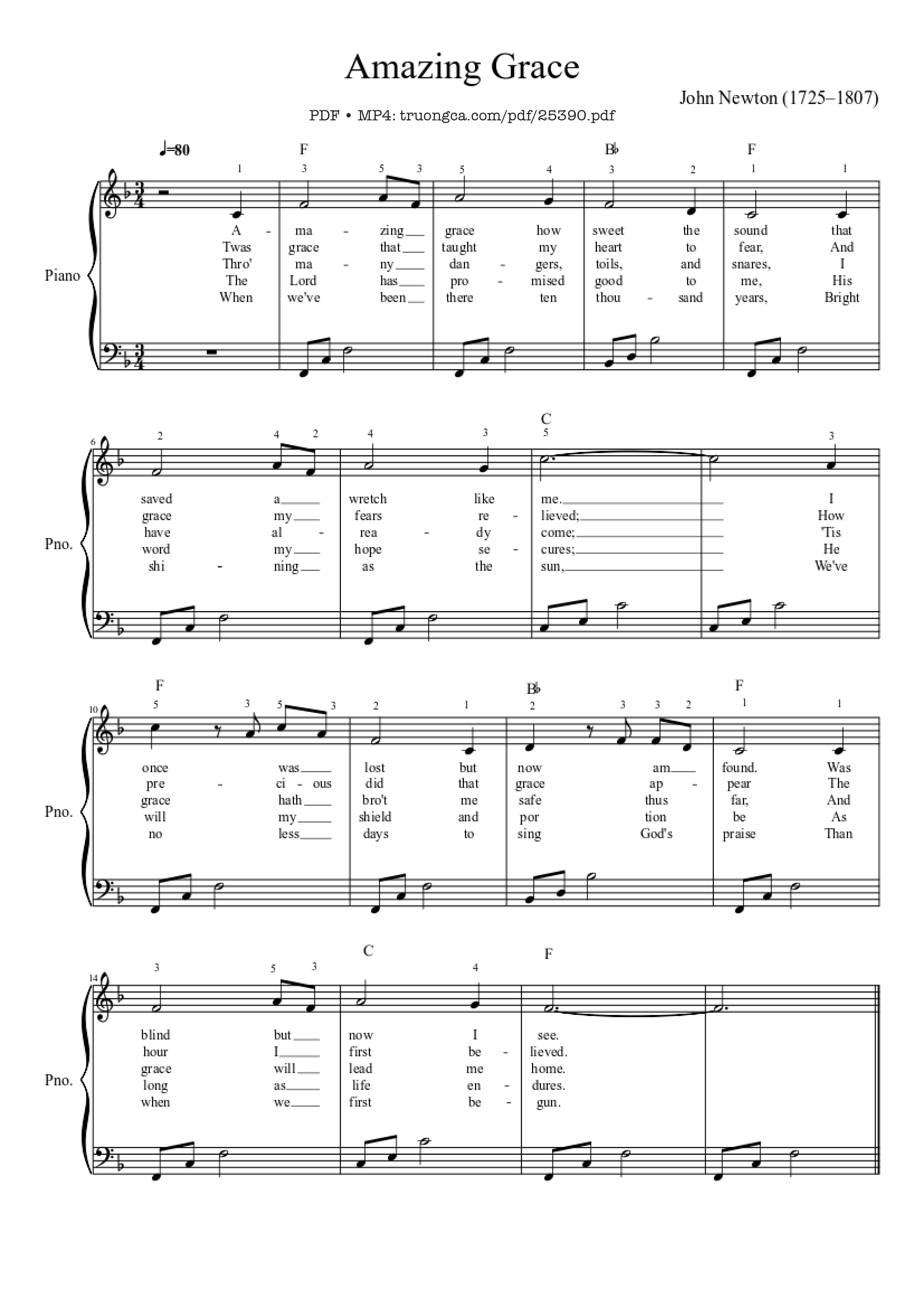 Page 1 of the piano sheet music PDF Piano – Amazing Grace Sheet Piano EASY by John Newton (1725–1807)