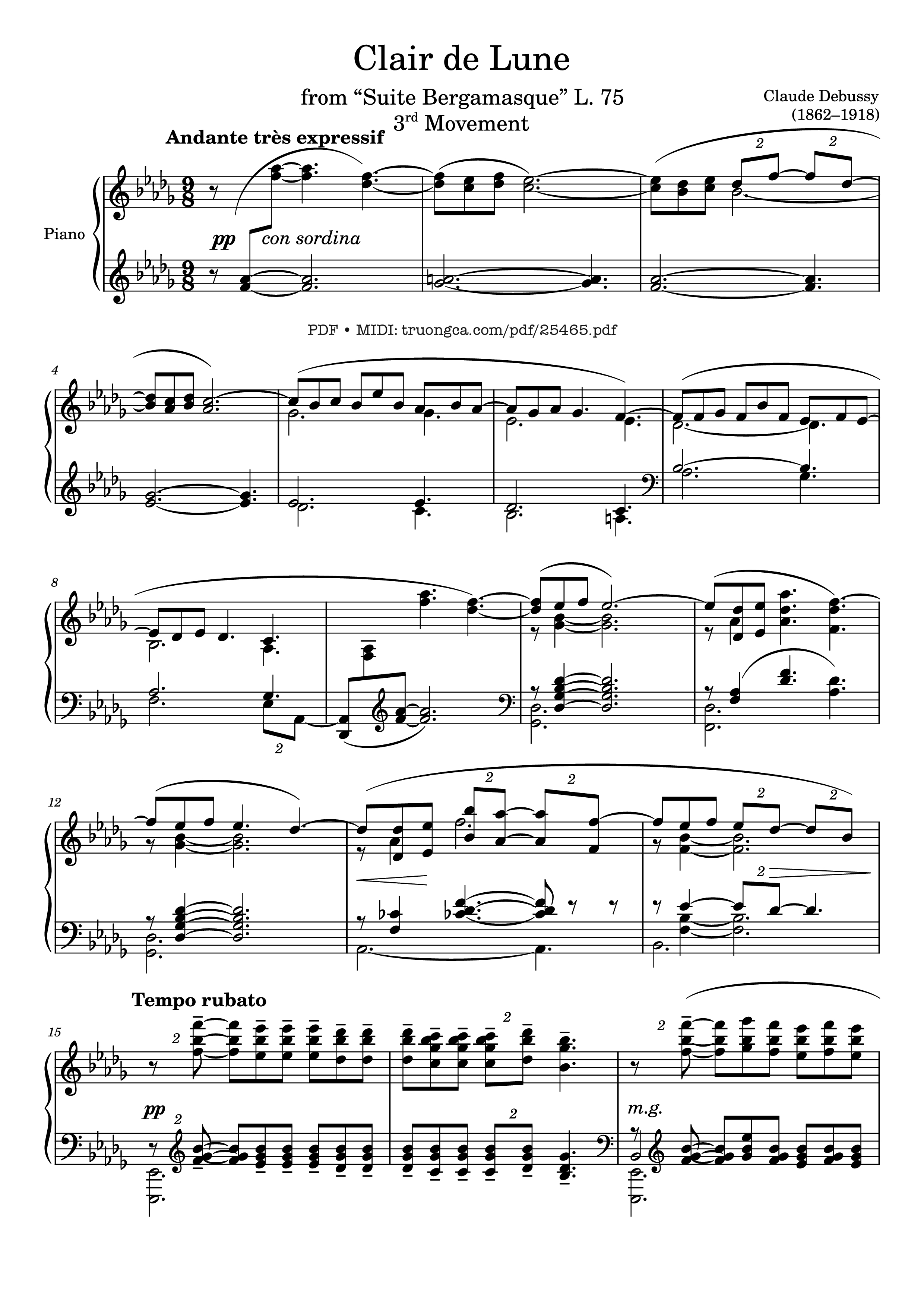 Page 1 of the piano sheet music PDF Piano – Clair de Lune Piano by Claude Debussy