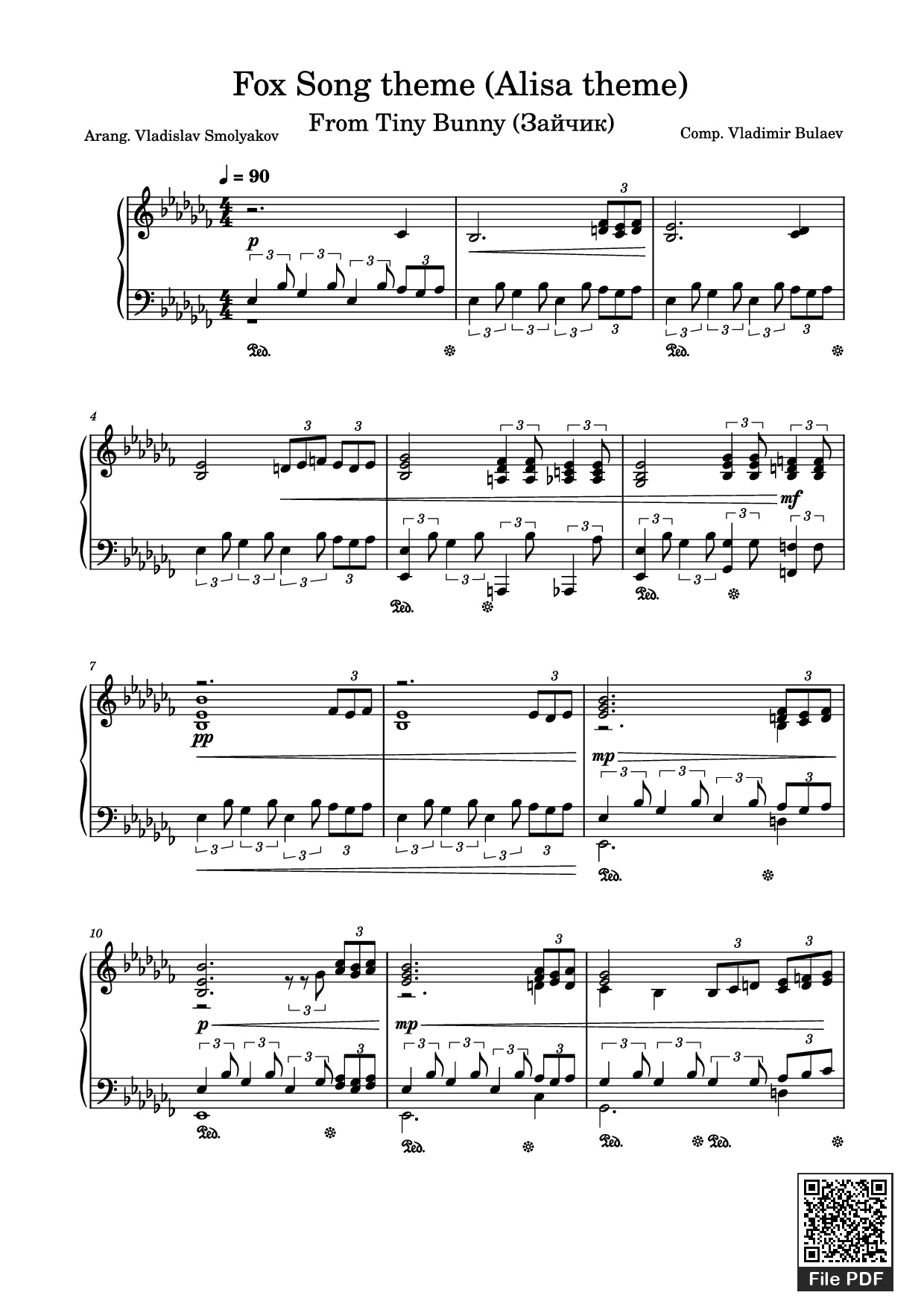 Page 1 of the piano sheet music PDF Piano – Fox Song theme (Alisa theme) Piano by Comp. Vladimir Bulaev