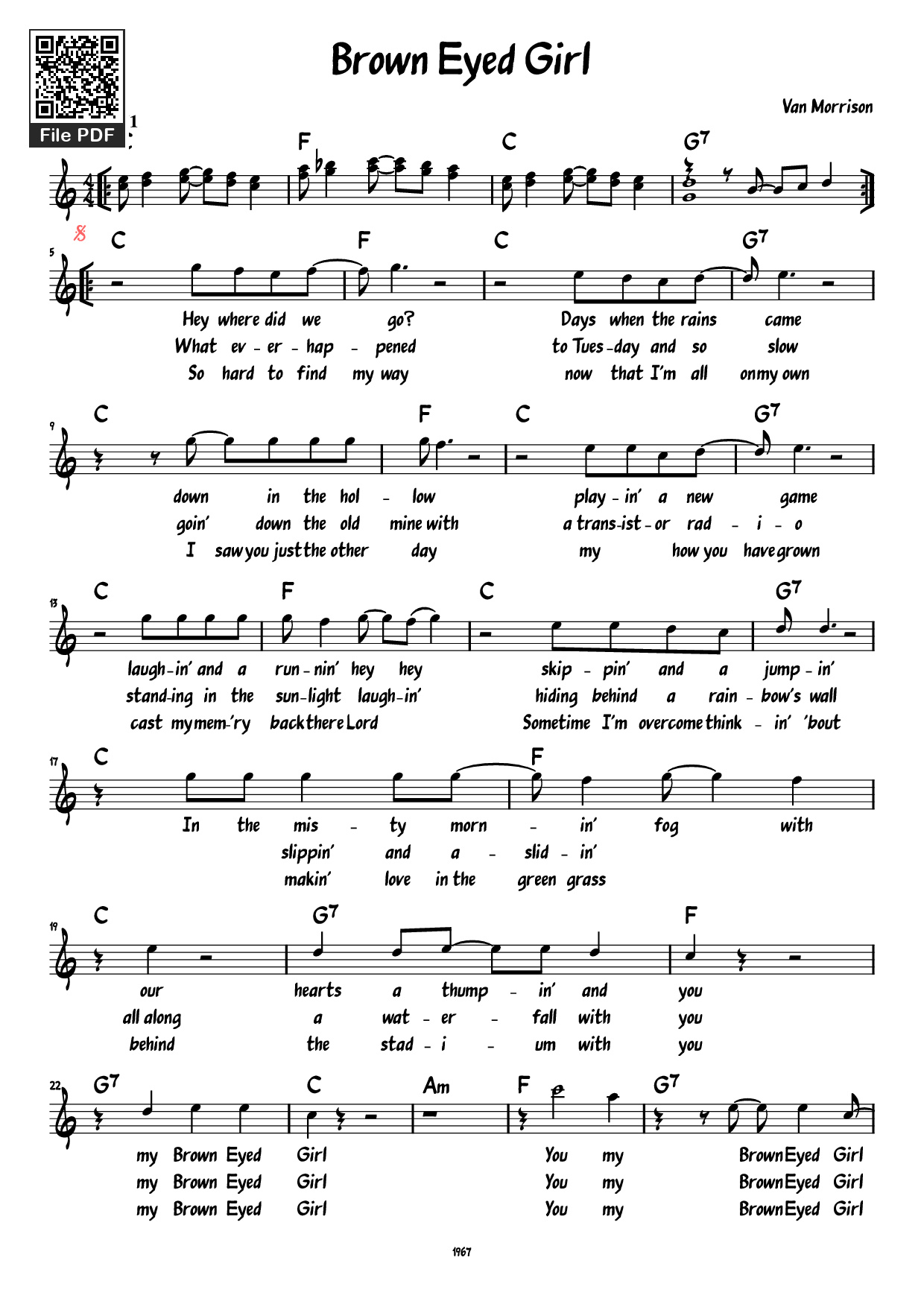 Page 1 of the piano sheet music PDF Piano – Brown Eyed Girl Piano by Van Morrison