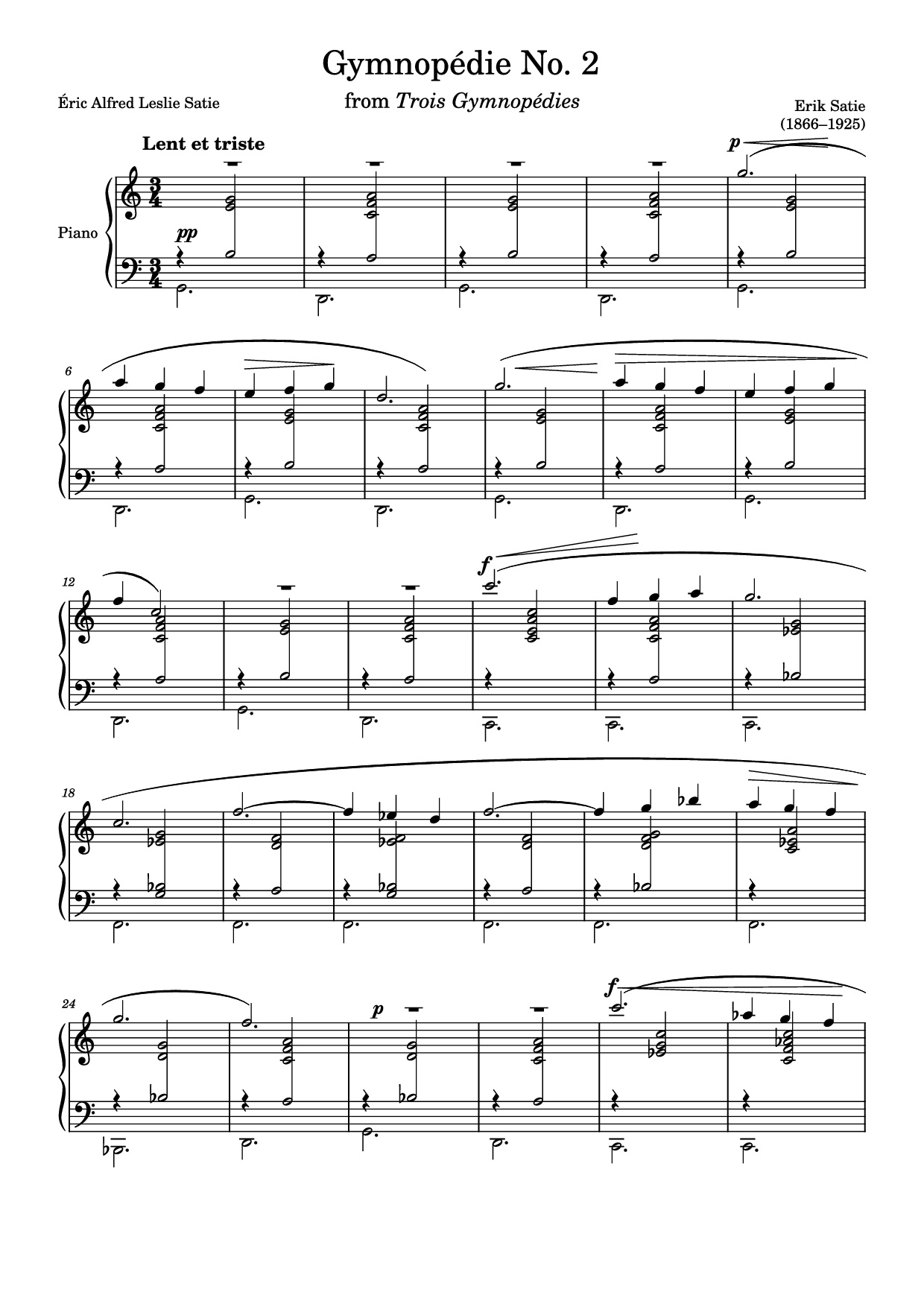 Page 1 of the piano sheet music PDF Piano – Gymnopédie No. 2 Piano by Erik Satie