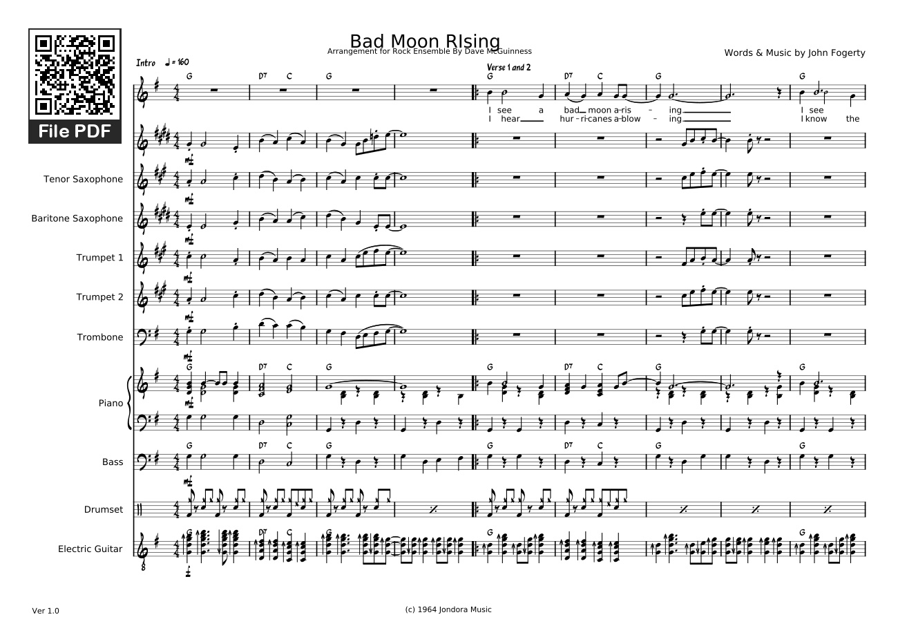 Page 1 of the piano sheet music PDF – Bad Moon RIsing Piano by Dave McGuinness
