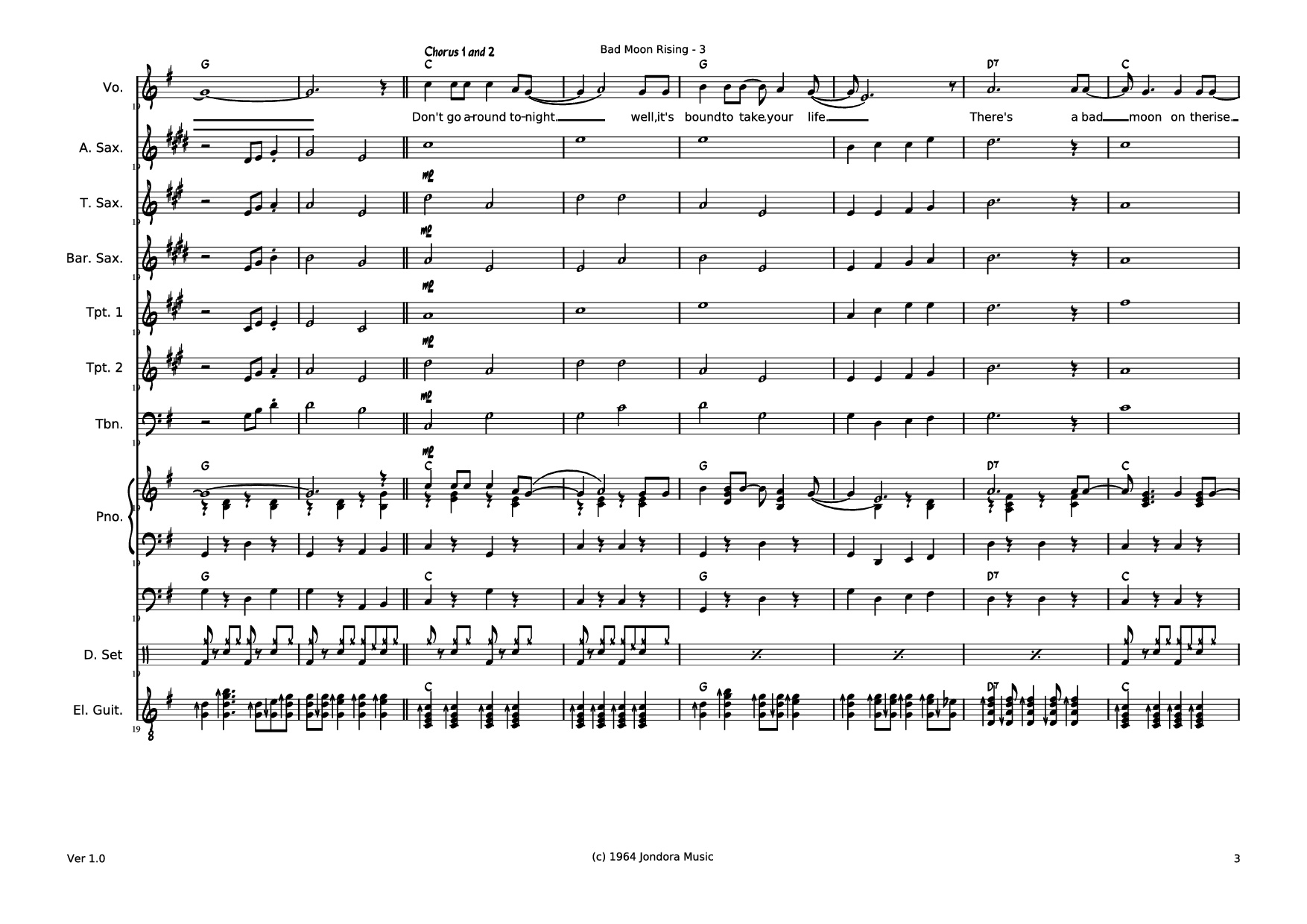 Page 3 of the piano sheet music PDF – Bad Moon RIsing Piano by Dave McGuinness