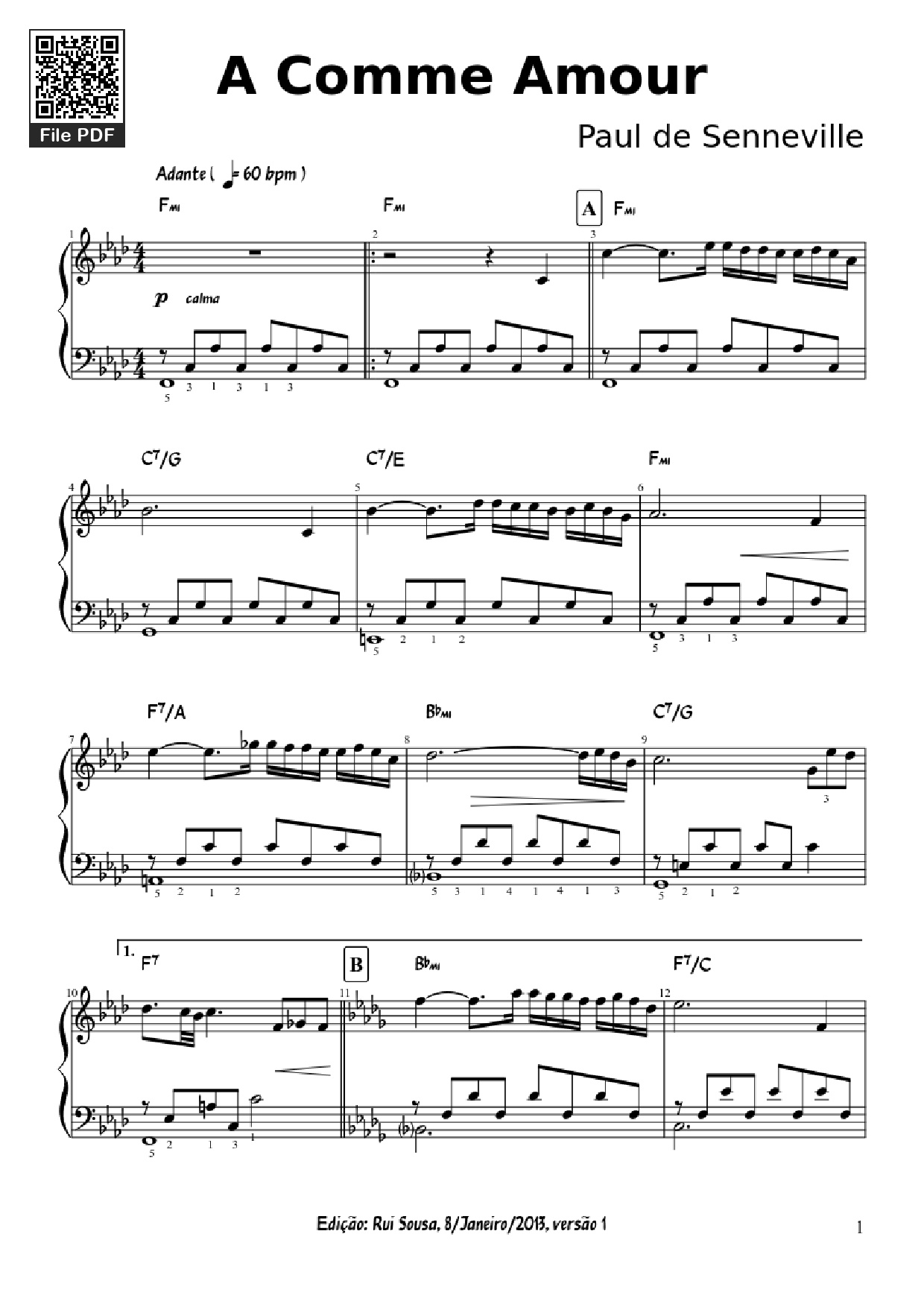 Page 1 of the piano sheet music PDF Piano – A Comme Amour Piano by Paul de Senneville