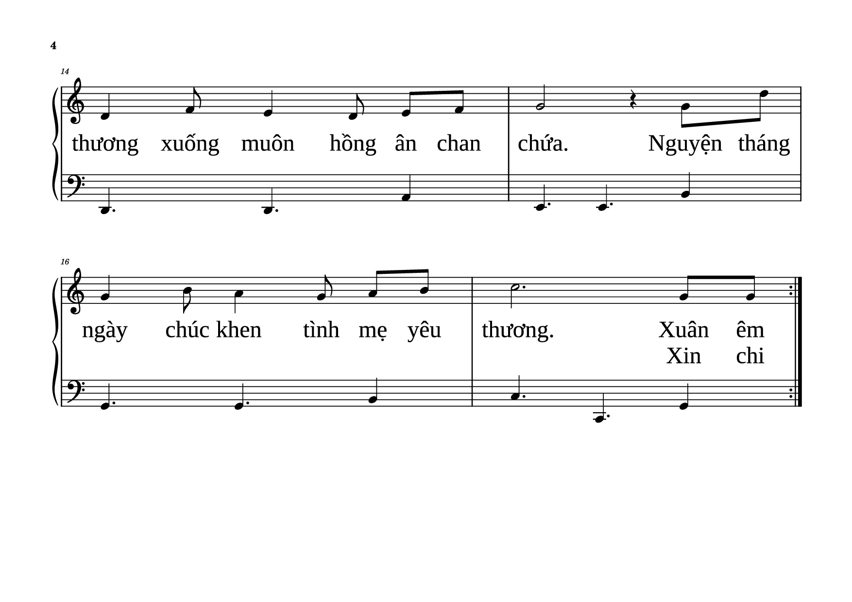 Page 4 of the piano sheet music PDF Piano – NỮ VƯƠNG MÙA XUÂN Piano dễ tập by VŨ MỘNG THƠ