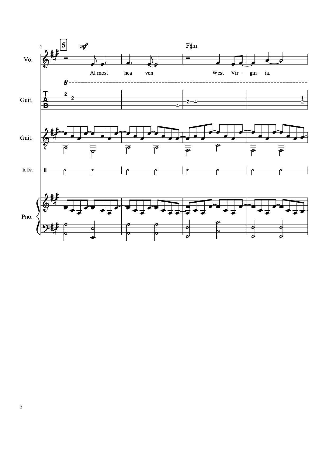 Page 2 of the piano sheet music PDF Piano Guitar Tab – Take Me Home, Country Roads Piano by John Denver, Bill Danoff, et al