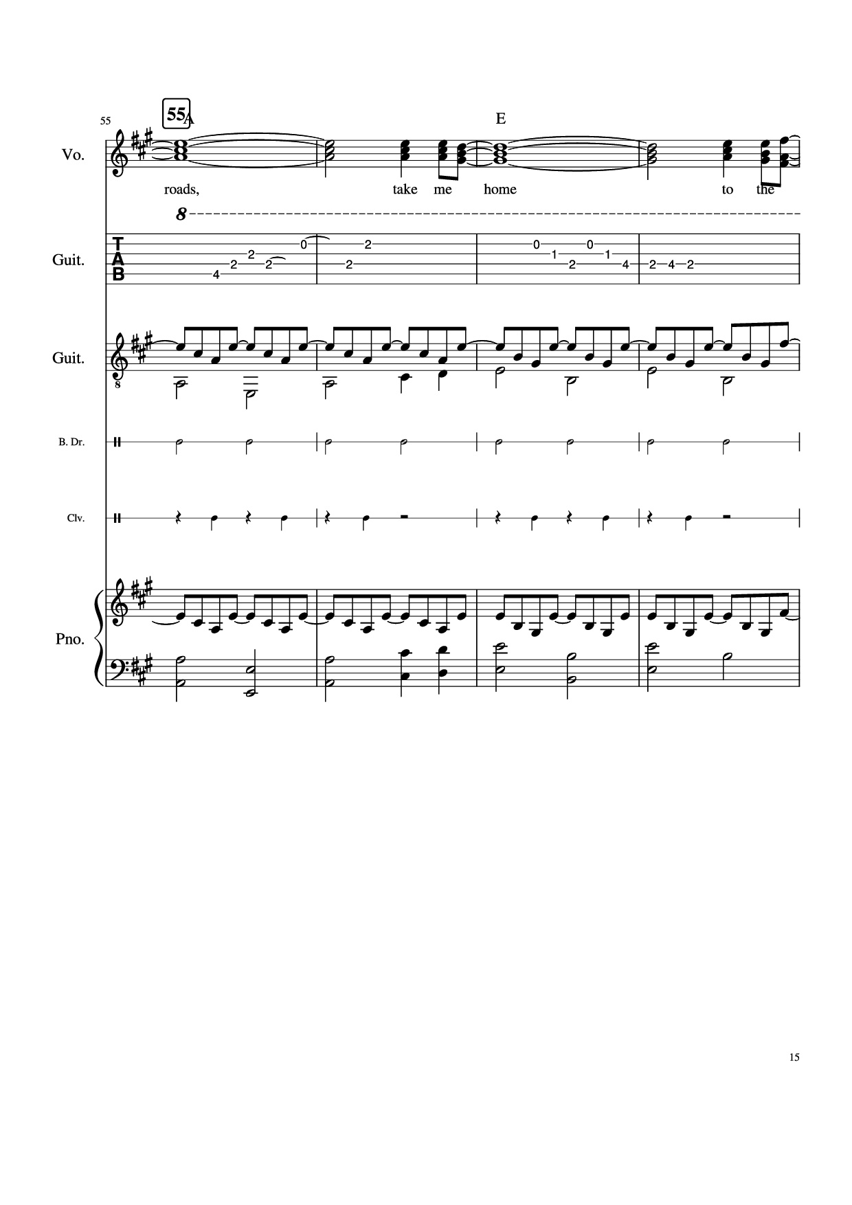 Page 15 of the piano sheet music PDF Piano Guitar Tab – Take Me Home, Country Roads Piano by John Denver, Bill Danoff, et al