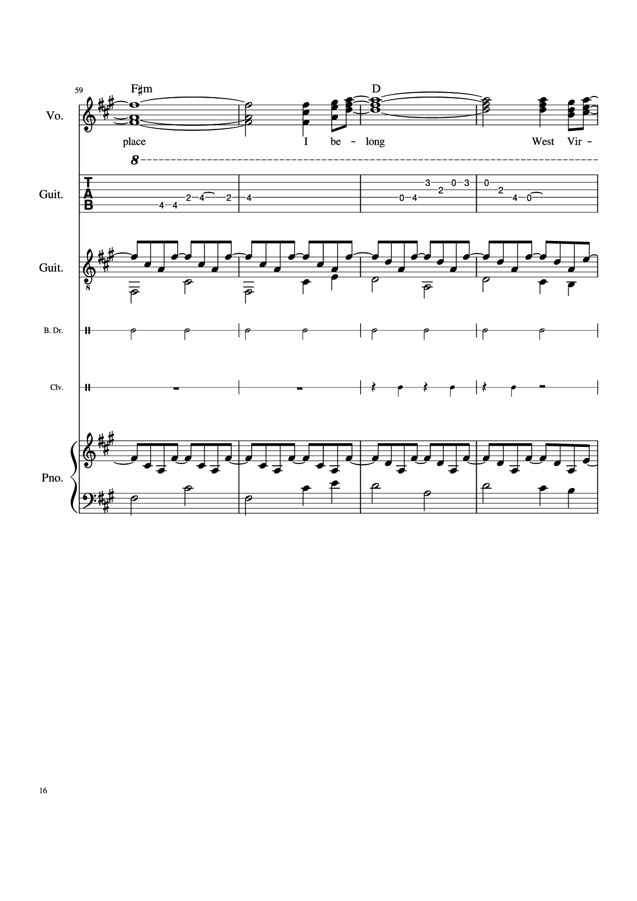 Page 16 of the piano sheet music PDF Piano Guitar Tab – Take Me Home, Country Roads Piano by John Denver, Bill Danoff, et al