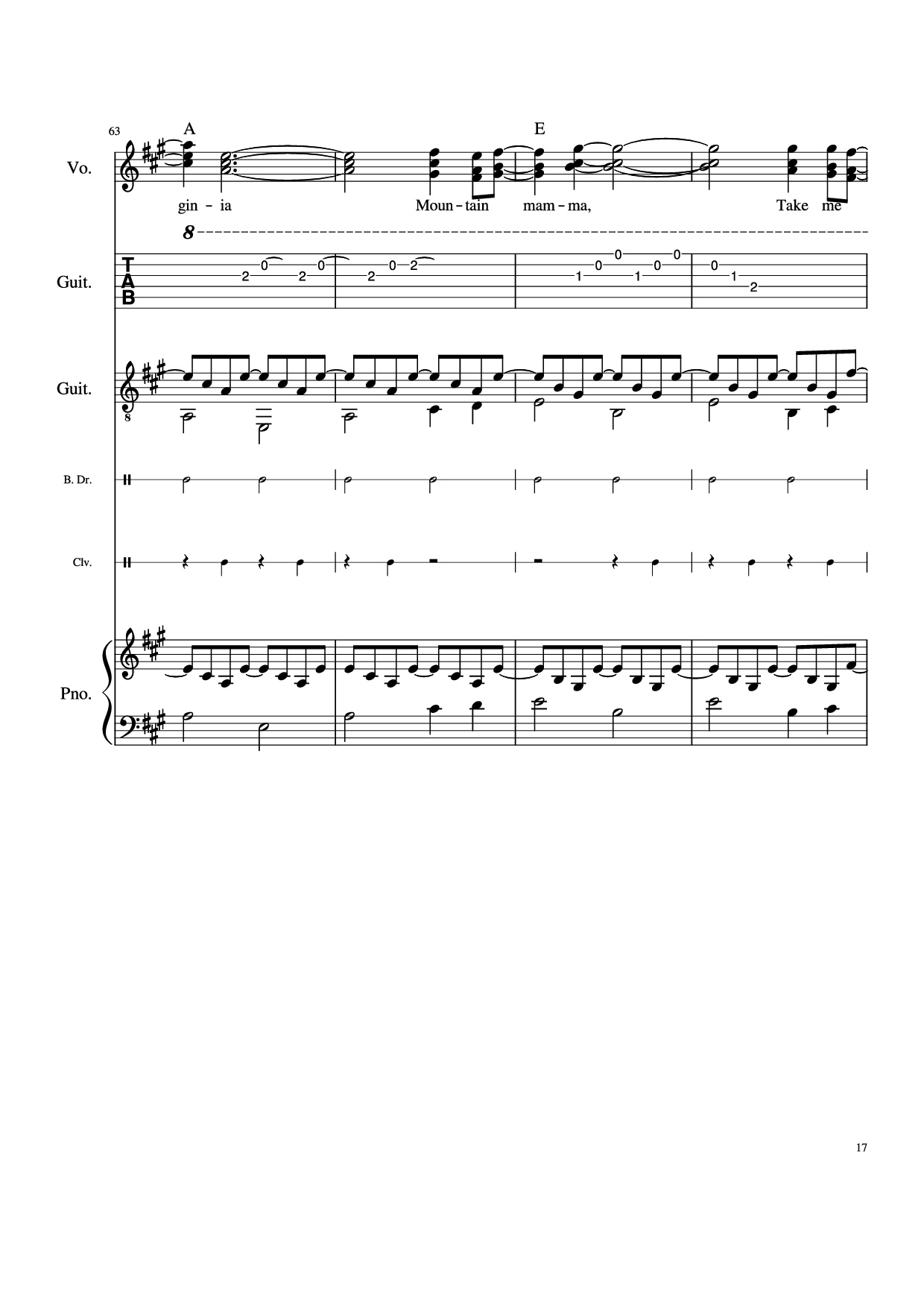 Page 17 of the piano sheet music PDF Piano Guitar Tab – Take Me Home, Country Roads Piano by John Denver, Bill Danoff, et al