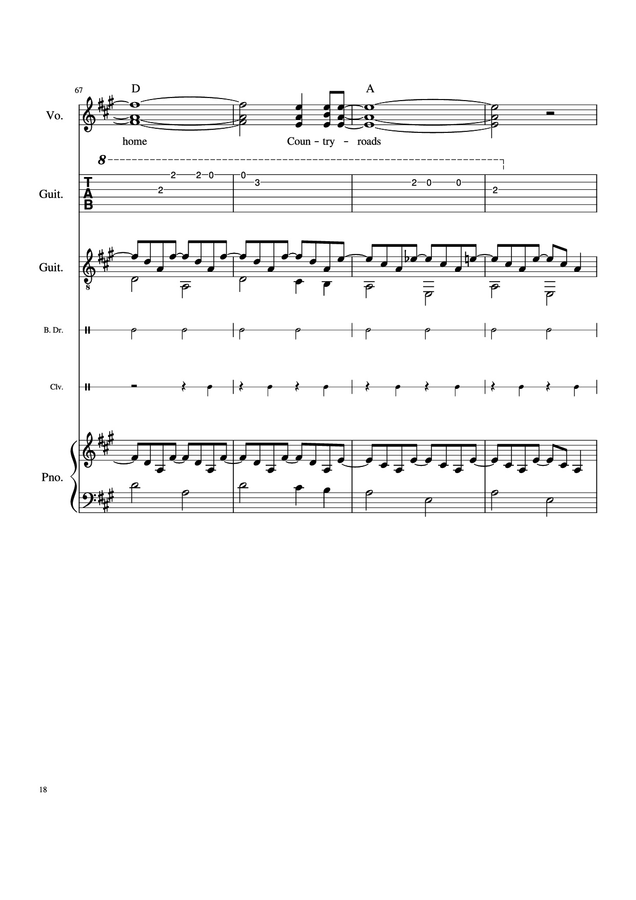 Page 18 of the piano sheet music PDF Piano Guitar Tab – Take Me Home, Country Roads Piano by John Denver, Bill Danoff, et al