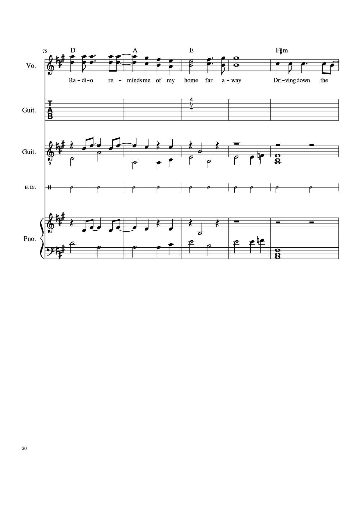 Page 20 of the piano sheet music PDF Piano Guitar Tab – Take Me Home, Country Roads Piano by John Denver, Bill Danoff, et al