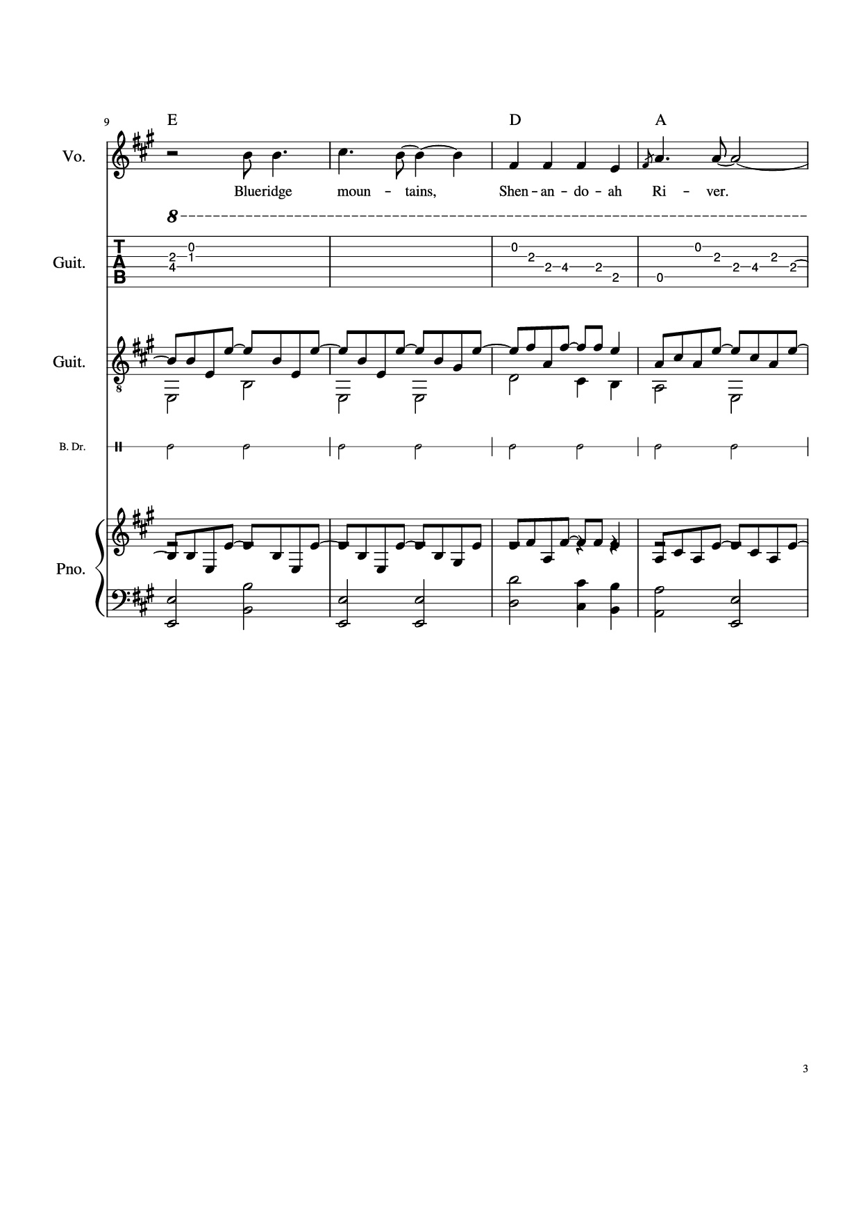 Page 3 of the piano sheet music PDF Piano Guitar Tab – Take Me Home, Country Roads Piano by John Denver, Bill Danoff, et al
