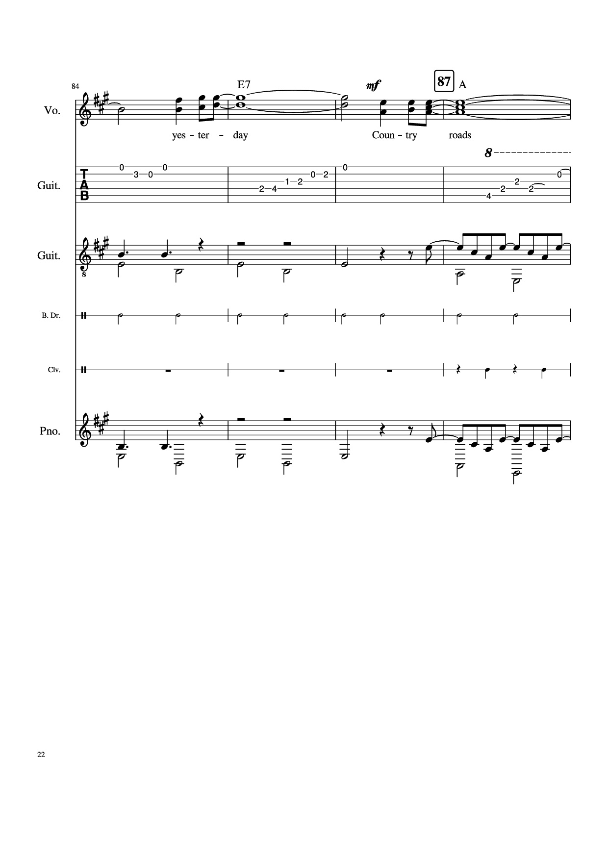 Page 22 of the piano sheet music PDF Piano Guitar Tab – Take Me Home, Country Roads Piano by John Denver, Bill Danoff, et al