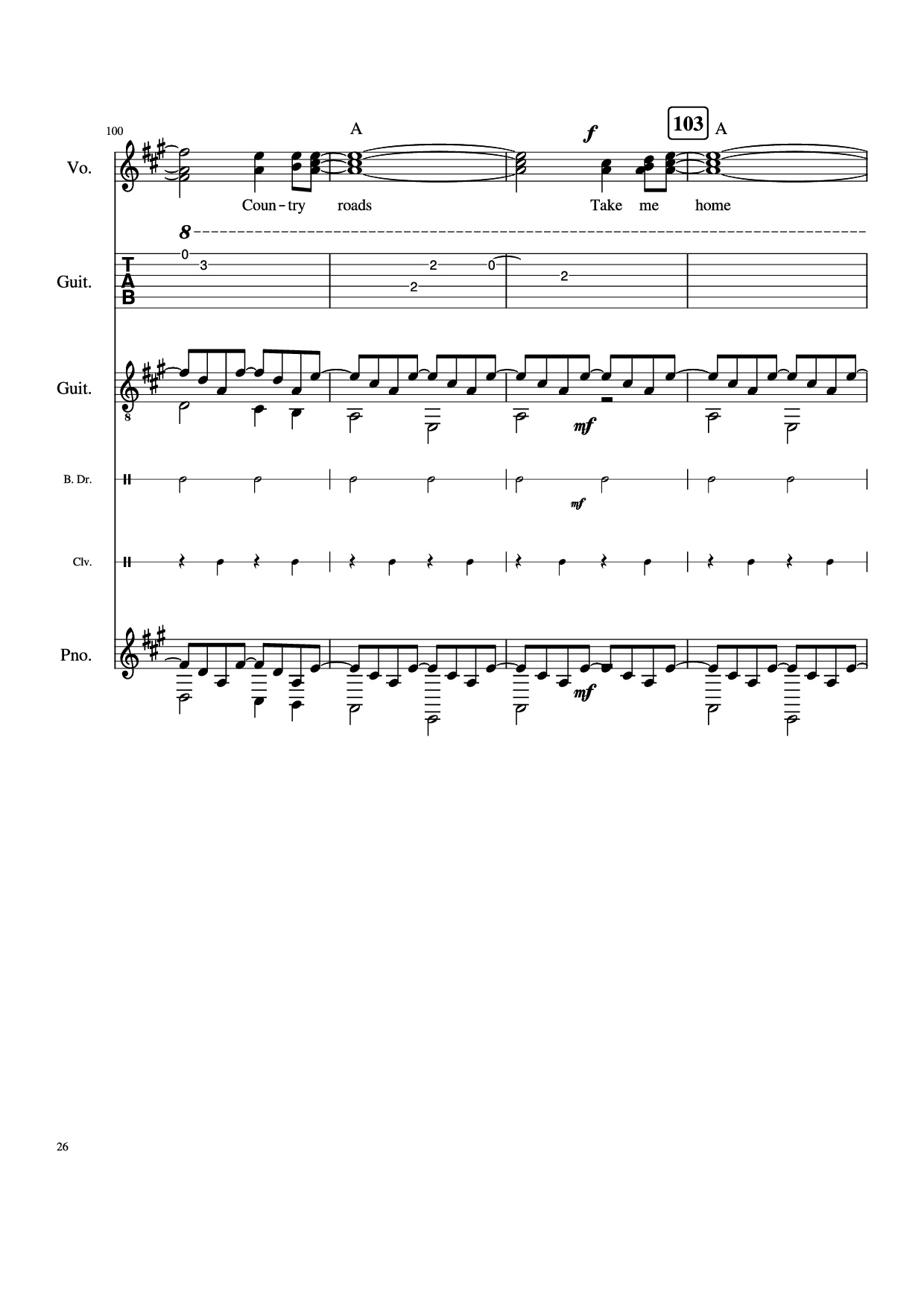 Page 26 of the piano sheet music PDF Piano Guitar Tab – Take Me Home, Country Roads Piano by John Denver, Bill Danoff, et al